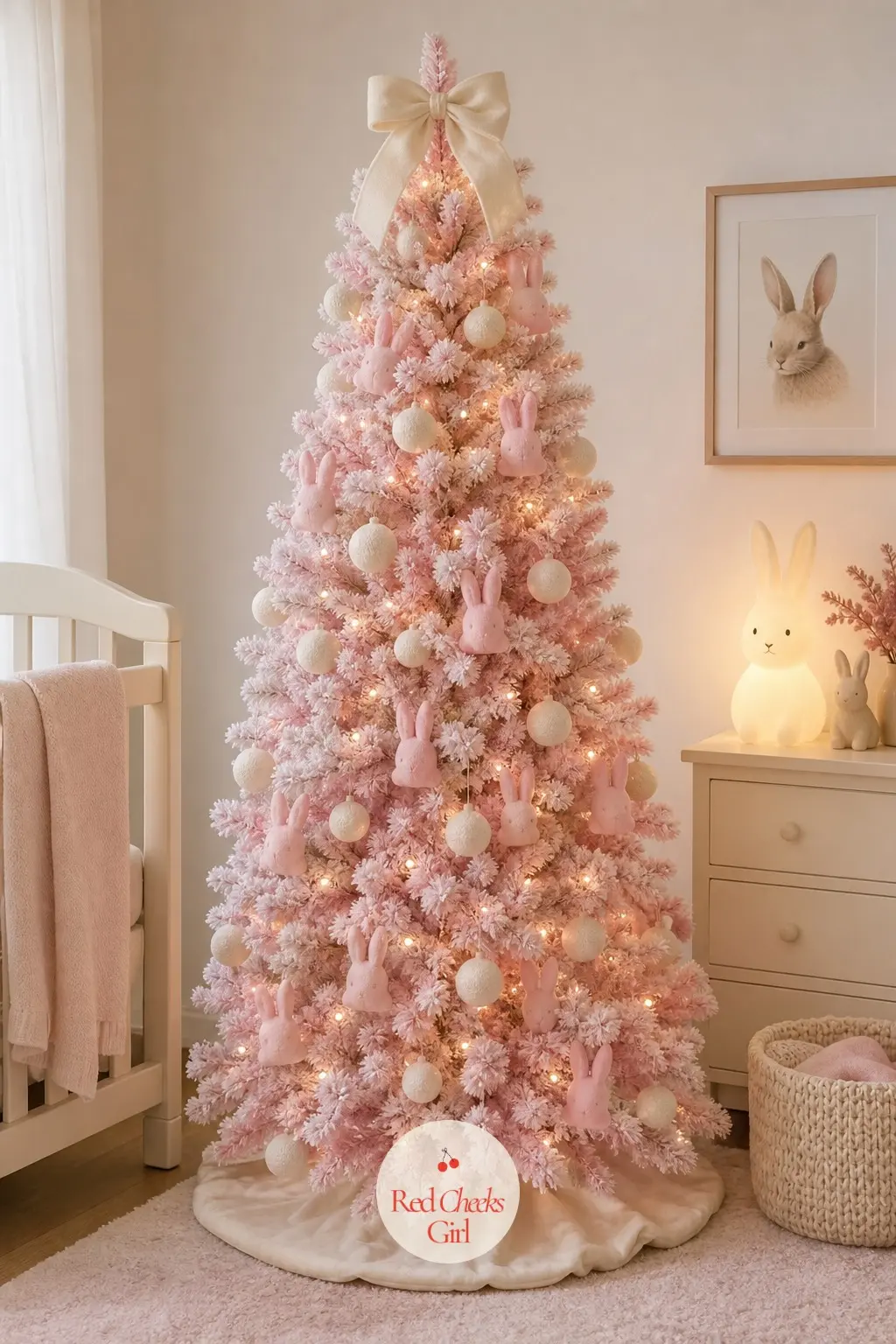 Flocked Bunny Tree in the Nursery — A small flocked artificial tree stands in the nursery, cream felt baubles and pastel pink bunny shaped ornaments making it