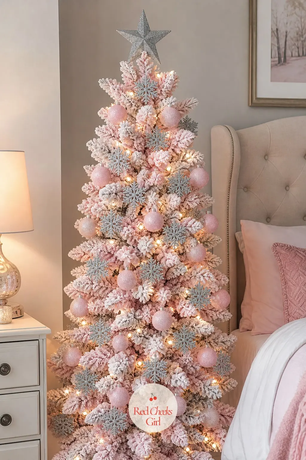 Flocked Pastel by the Bed — A flocked artificial tree in pastel pink stands in the bedroom corner, snow look finishing without any mess to manage. Pink