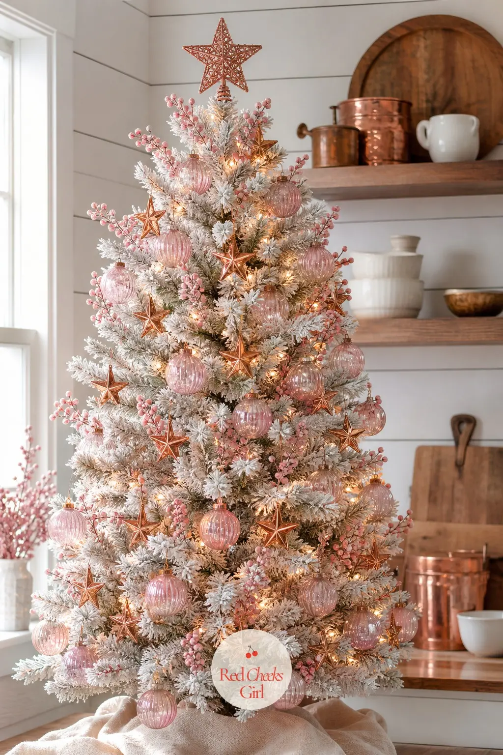 Flocked White and Copper on the Shelf — A real fir dusted with faux snow stands in a farmhouse kitchen among open shelves, dusty pink glass baubles and copper