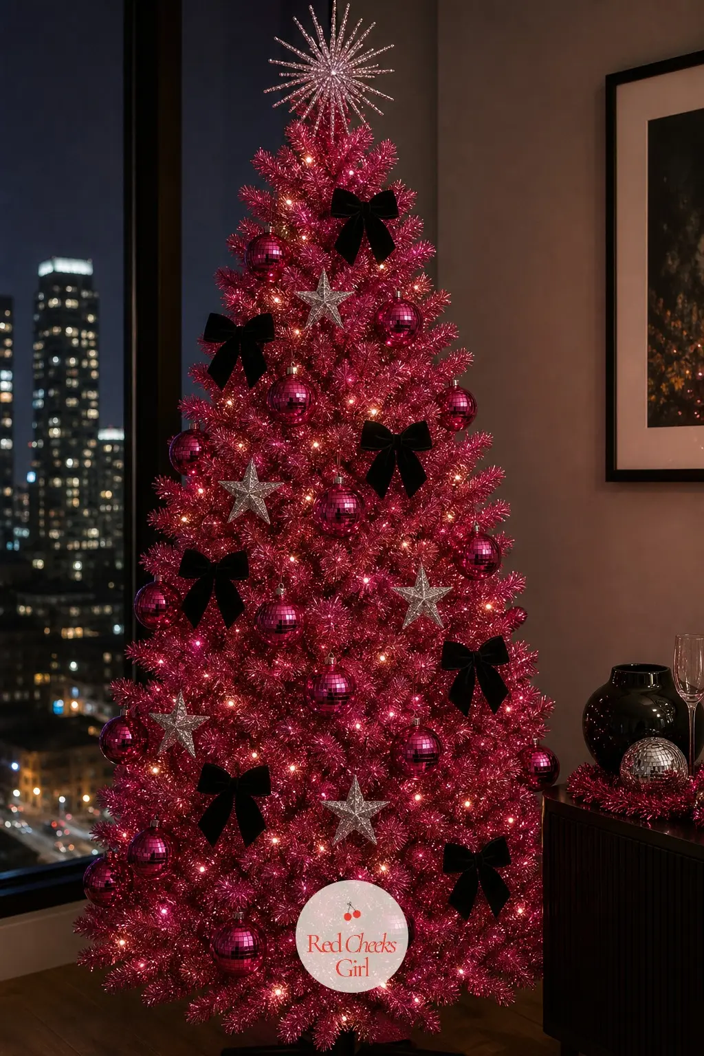 Fuchsia Skyline — A full, dense fuchsia tree stands against a city flat window, the street lights doing half the decorating after dark. Pink christmas tree