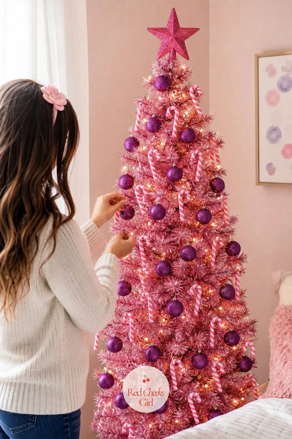 Glitter Pink in the Kid's Room — A slim artificial tree in bright pink glitter stands in a child's room, purple glitter baubles and striped candy cane