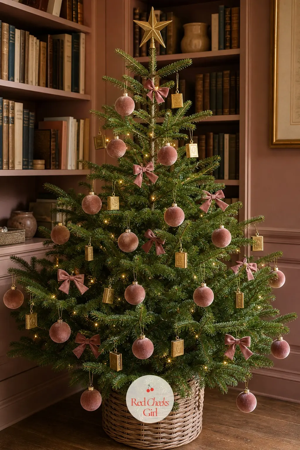 Library Shelf in Dusty Rose — A real fir, sparse and airy, stands in the corner of a study lined floor to ceiling with books. Pink christmas tree