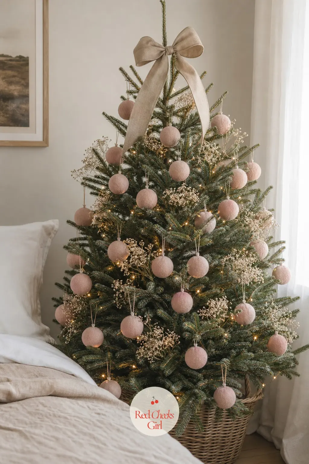 Linen Blush by the Window — A small real potted tree sits in a white bedroom with bare linen bedding and morning light, blush fabric covered baubles so soft