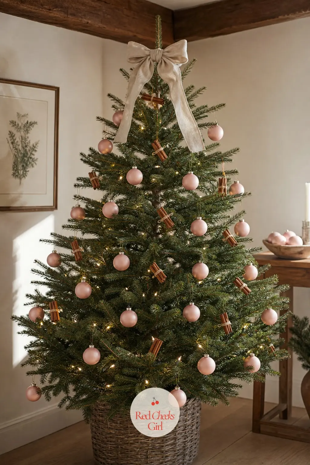 Low Beams in Blush and Timber — A real potted spruce sits under the low beams of a cottage sitting room, small enough to carry in from the garden and plant