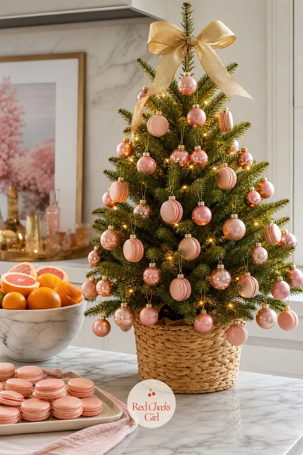 Macarons on the Marble Counter — A small real potted tree sits on a white kitchen's marble counter, next to a bowl of citrus and open shelves. Pink christmas