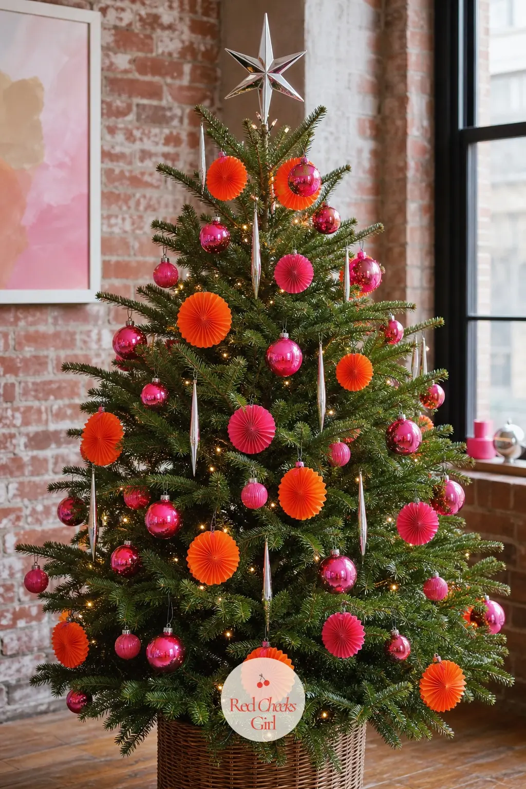 Neon Loft Fir — A real fir dressed in hot pink and neon orange, standing under the tall windows of a loft with exposed brick behind it. Pink christmas tree