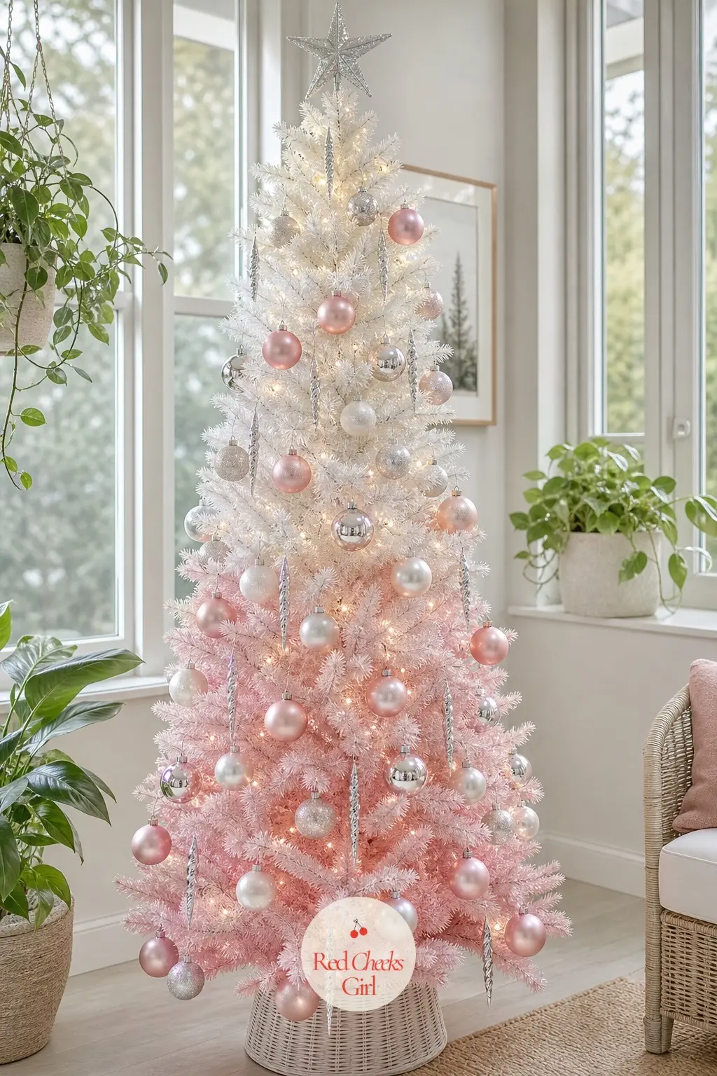 Ombre in the Sunroom — An artificial tree fades from snow white at the top to blush at the base, standing full among the plants and big windows of a sunroom.