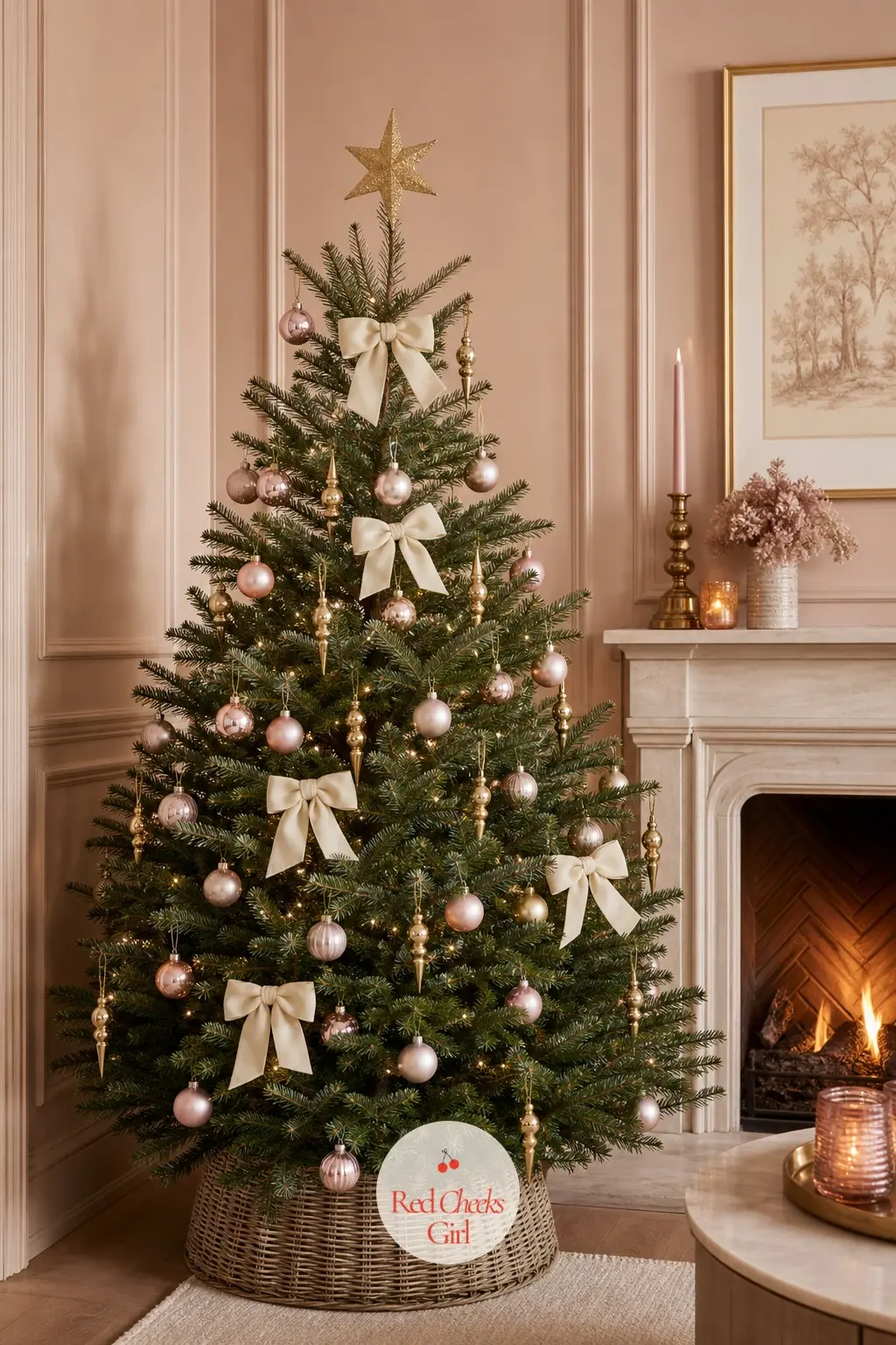 Panelled Room in Blush and Brass — A real Noble fir stands full and tall against panelled walls, in front of a fireplace doing its own quiet glowing. Pink