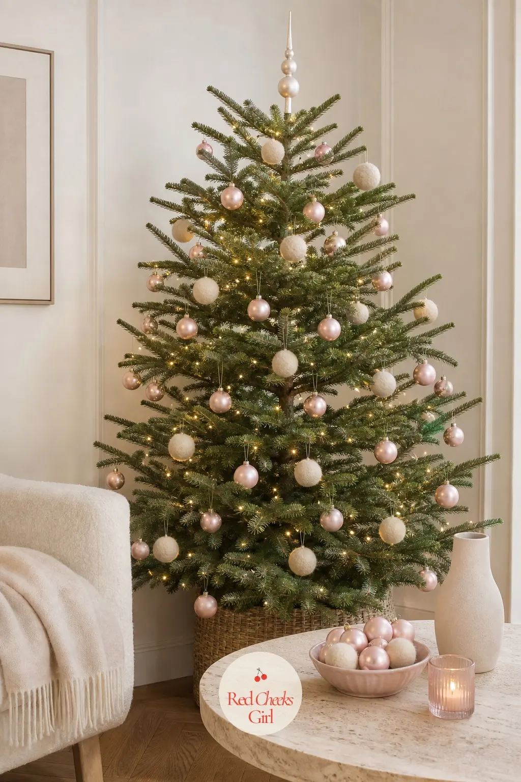 Pearl and Oatmeal by the Travertine Table — A real fir, slim and sparse, stands in a serene white sitting room beside a low travertine table and a cashmere