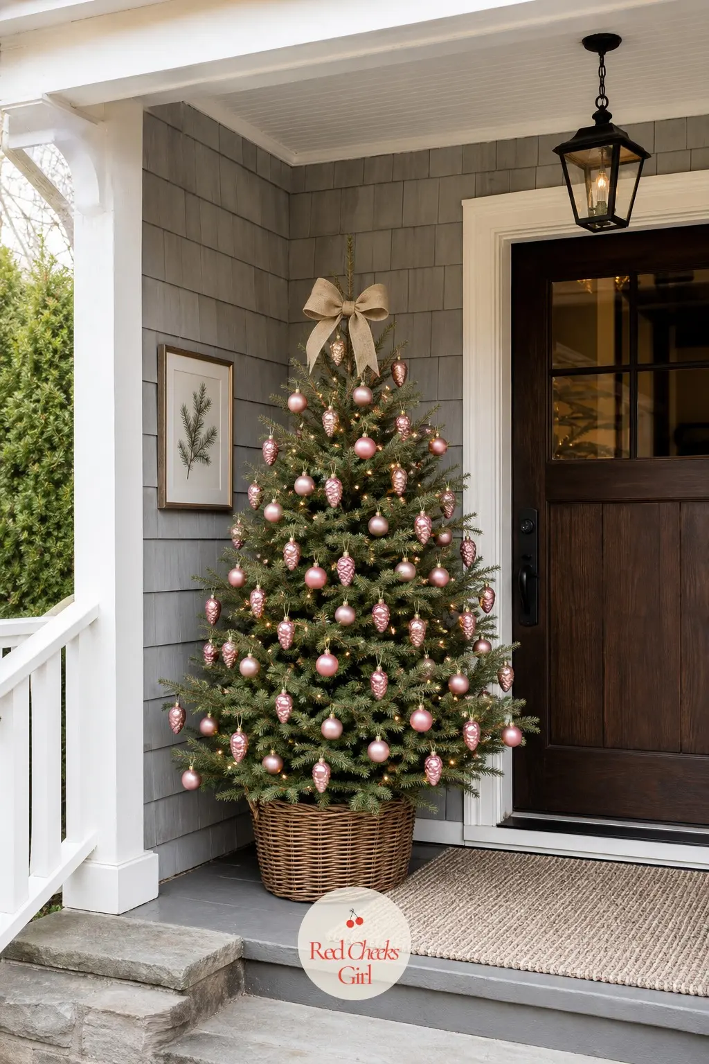 Pinecones in Pink on the Porch — A small real potted spruce stands just outside the door on a covered porch, weatherproof pink baubles and pink dipped