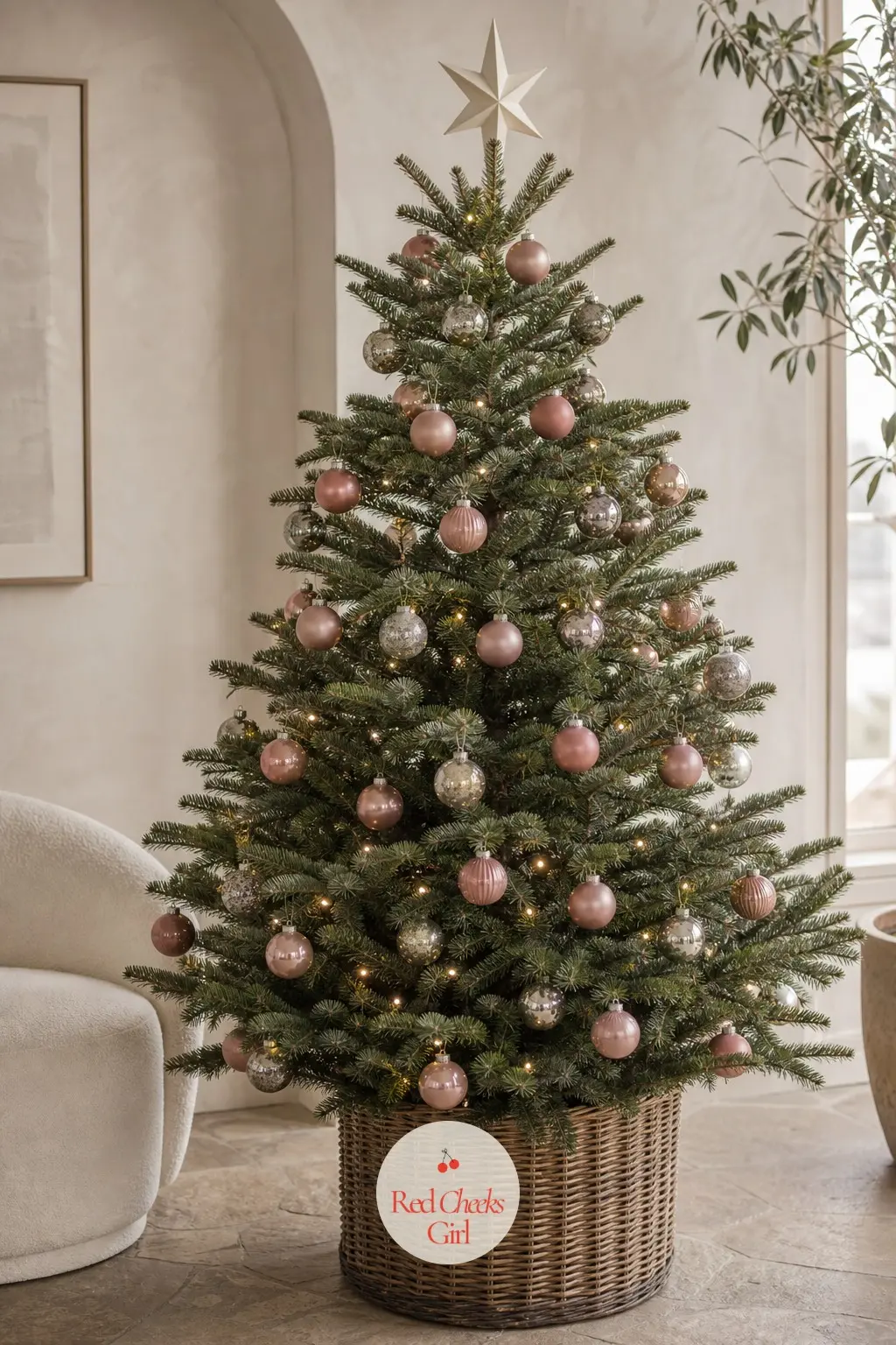 Stone and Rose in the Plaster Room — A real fir stands full and tall in a pale plaster room, beside a curved cream chair and a single large plant, stone floor