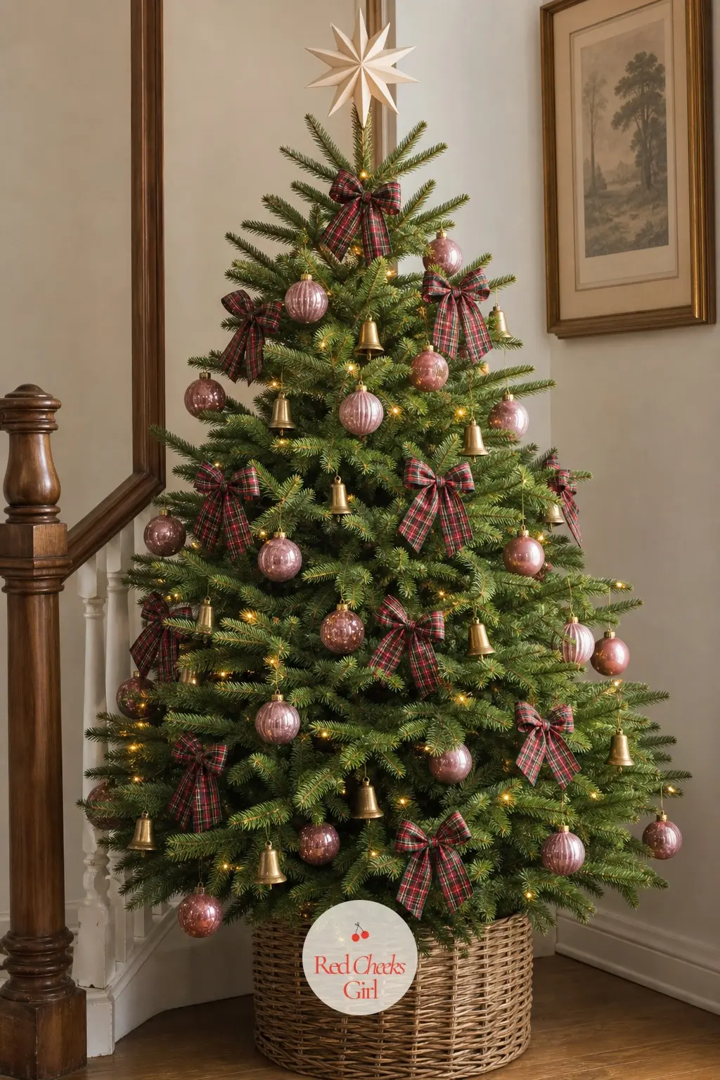 Tartan on the Landing — A real fir stands at the top of the stairs, dusty rose softened by tartan ribbon bows rather than anything more literal for the season.