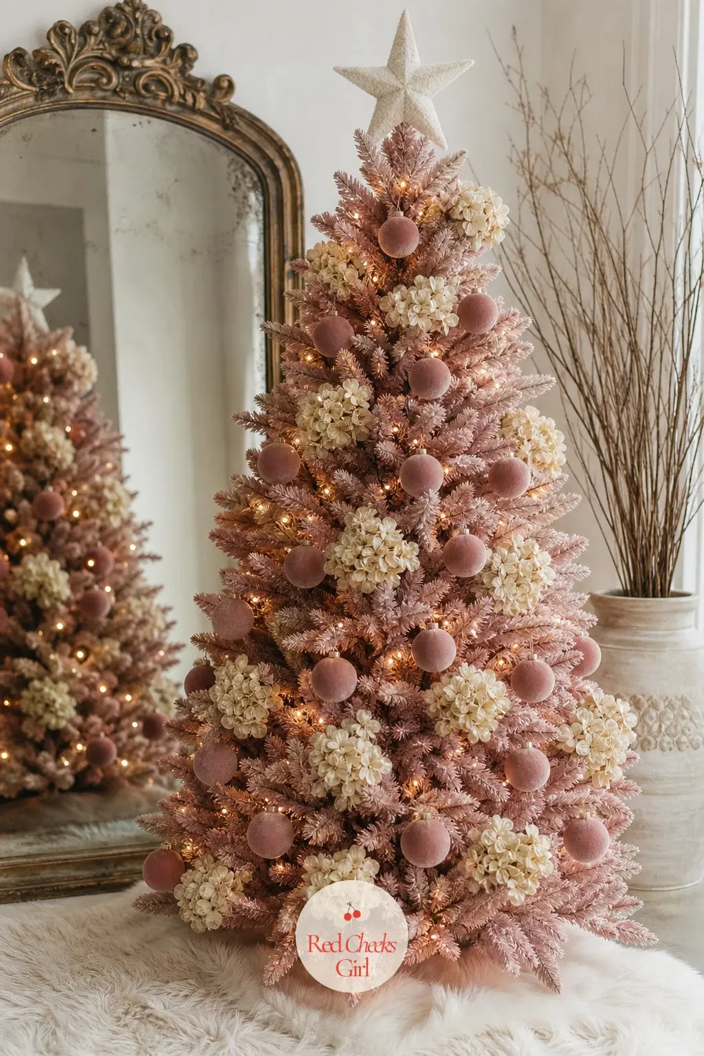 Velvet Rose Before the Antique Mirror — An artificial full tree in dusty rose velvet stands in front of an antique mirror, dried branches rising from a tall