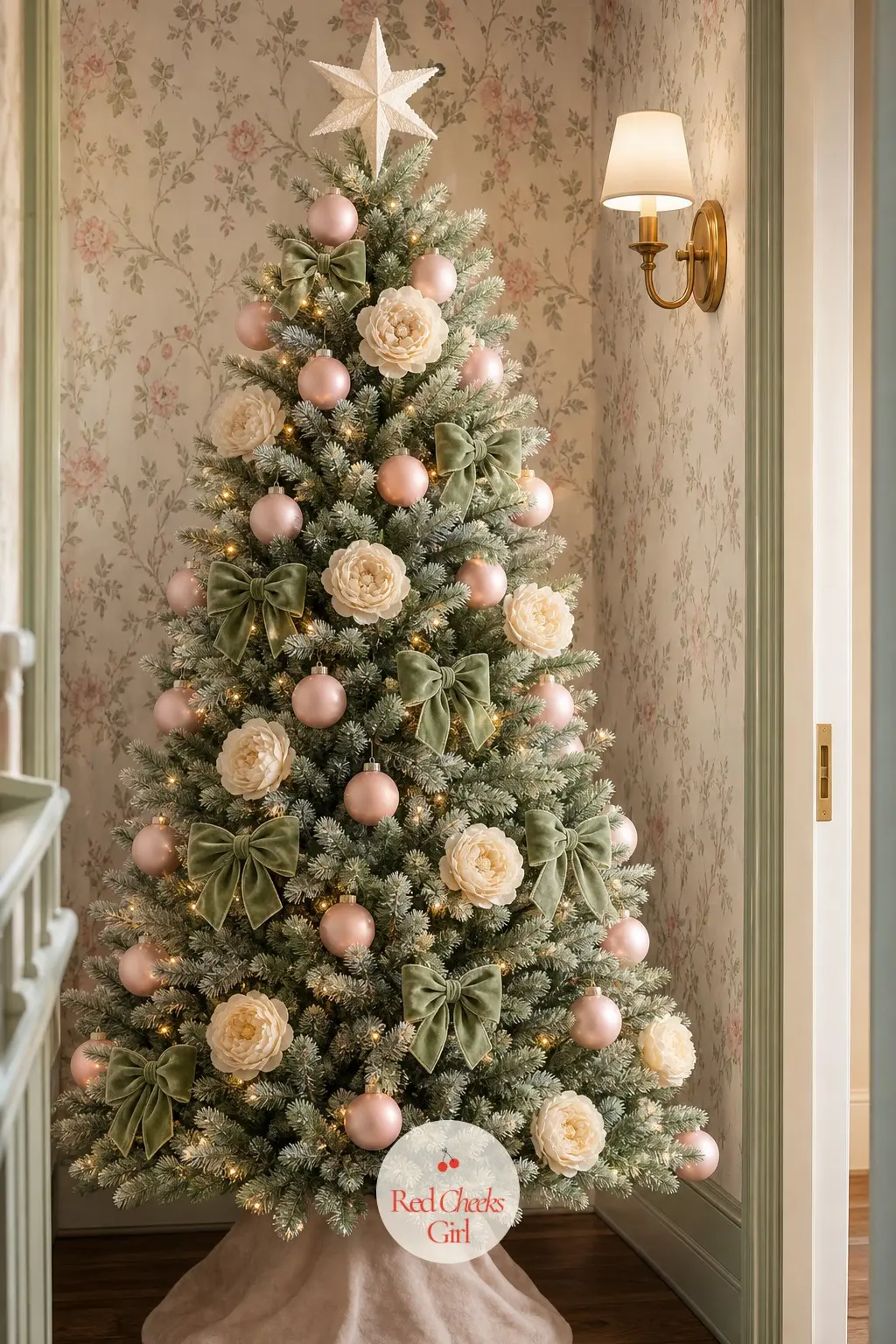 Wallpapered Hallway in Blush and Sage — An artificial full tree stands against patterned wallpaper in a narrow hallway, blush ball ornaments settling against