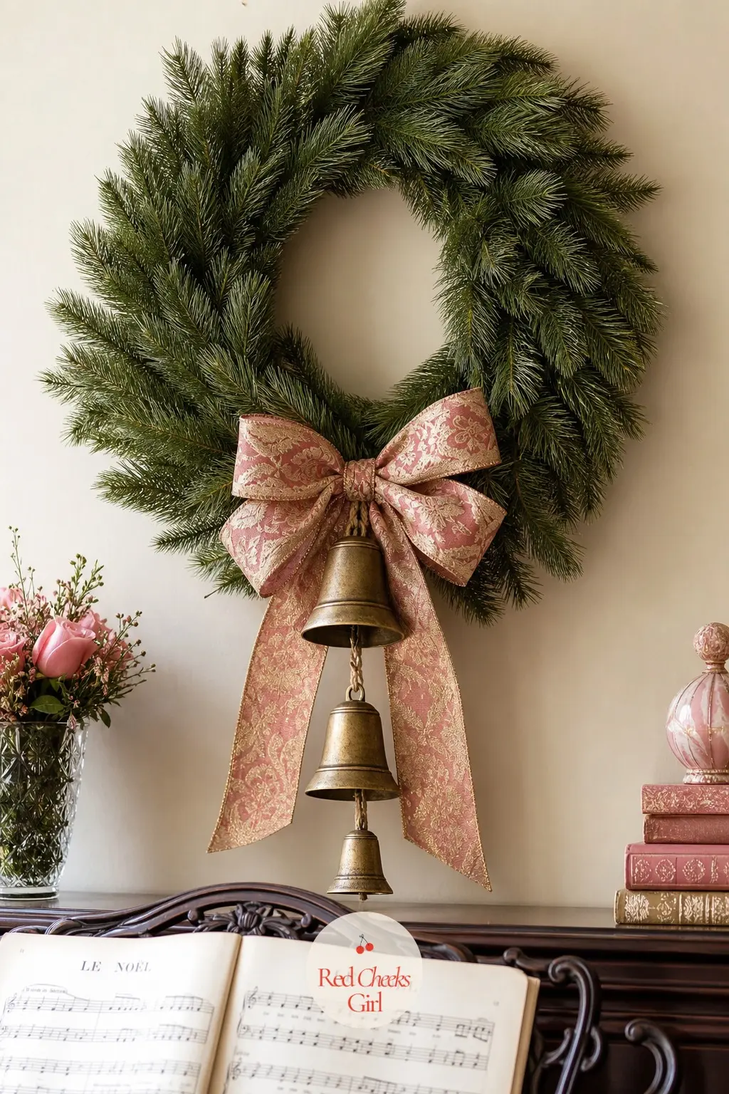 The Antique Gold Bell and Brocade Ribbon Wreath for the Piano Room Wall — A cluster of antique gold bells in graduated sizes sits at the base of a plain pine