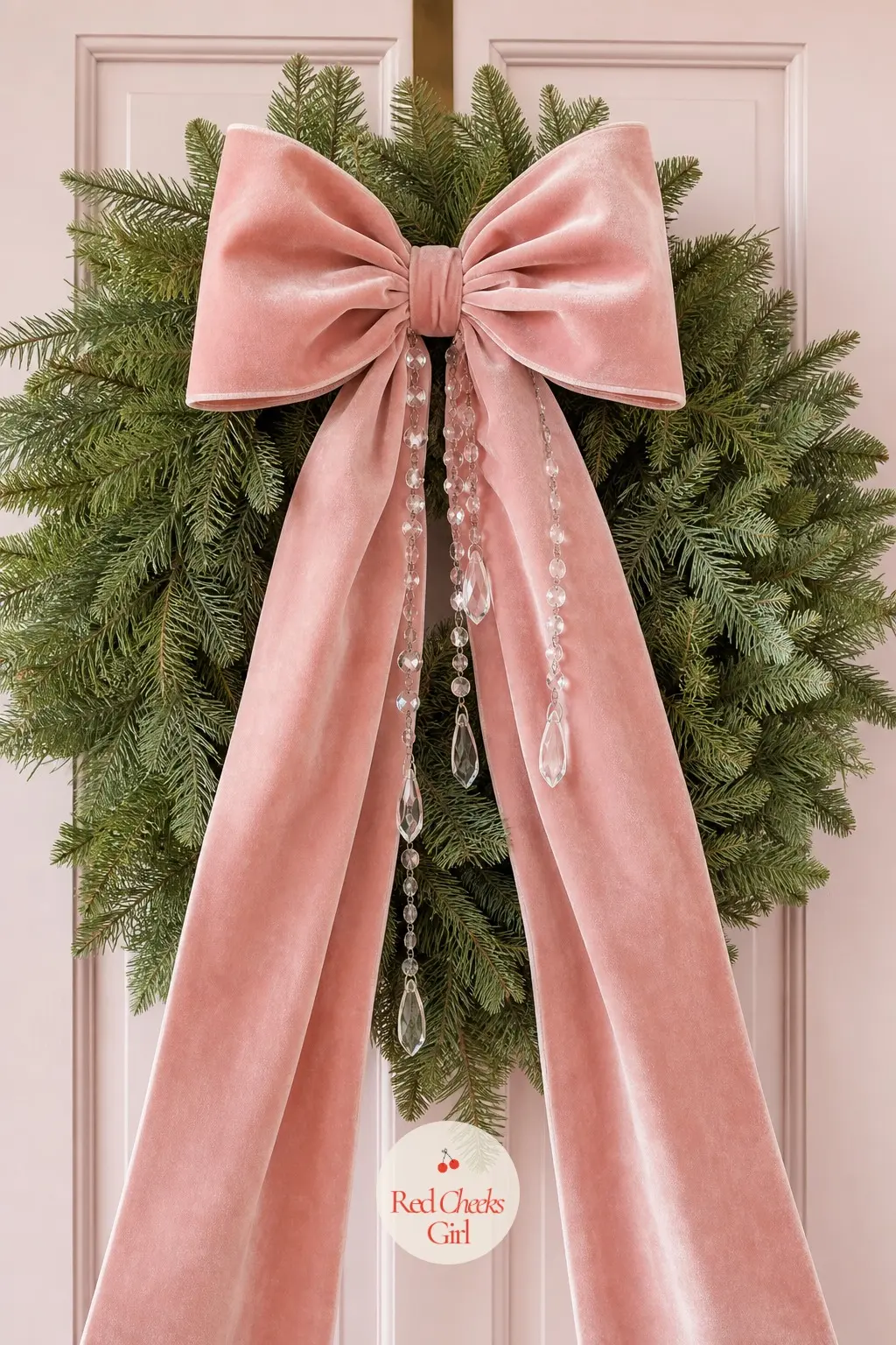 The Blush Velvet Bow and Crystal Drop Wreath for the Bridal Suite Door — A faux pine base in soft green disappears under a wide blush velvet bow and a scatter