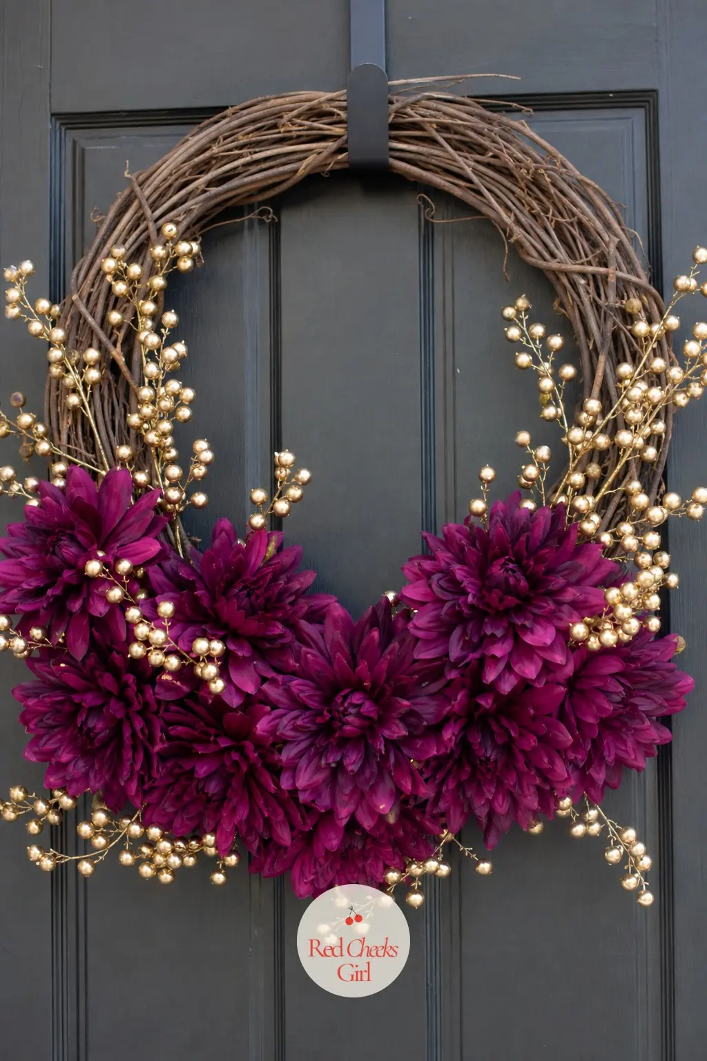 The Deep Purple Dahlia and Gold Berry Wreath for the Craft Room Door — Full deep purple faux dahlia blooms cluster at the base of the ring with small gold