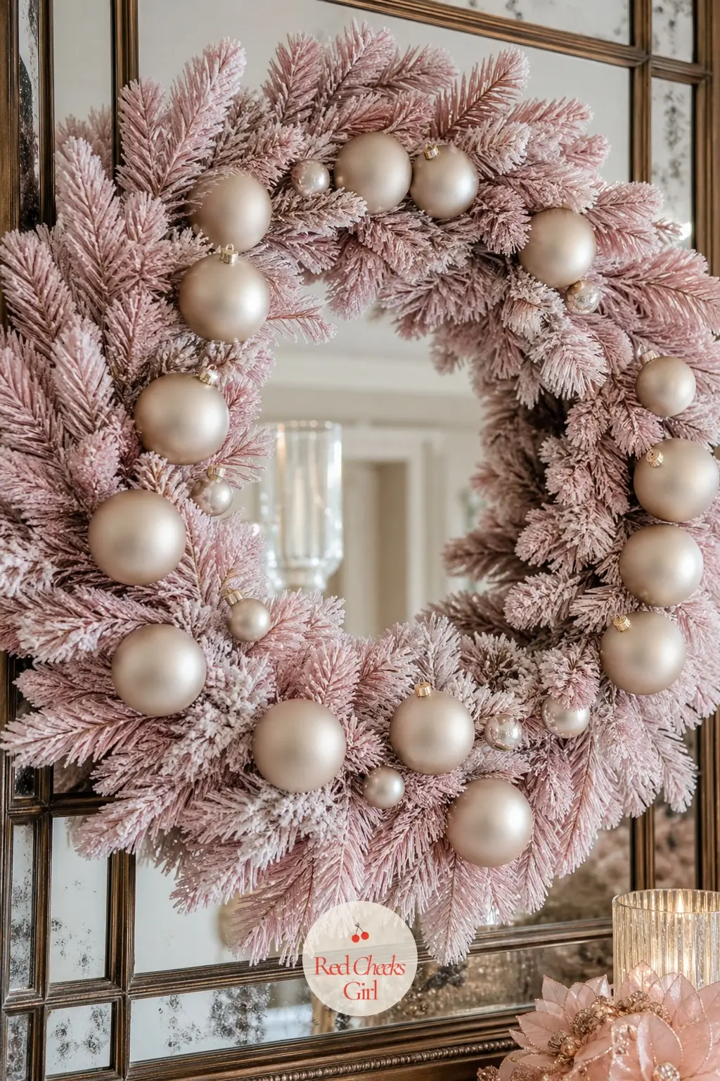 The Flocked Pink Pine and Champagne Bauble Wreath for the Dining Room Buffet Mirror — Pine sprayed in a soft flocked pink carries matte champagne baubles in