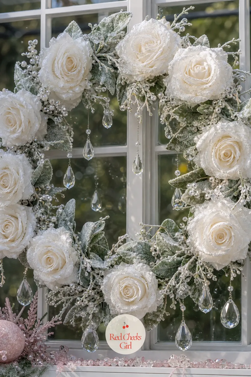 The Frosted White Rose and Crystal Teardrop Wreath for the Conservatory Window — White silk roses dusted with a light frosted finish sit among clear crystal