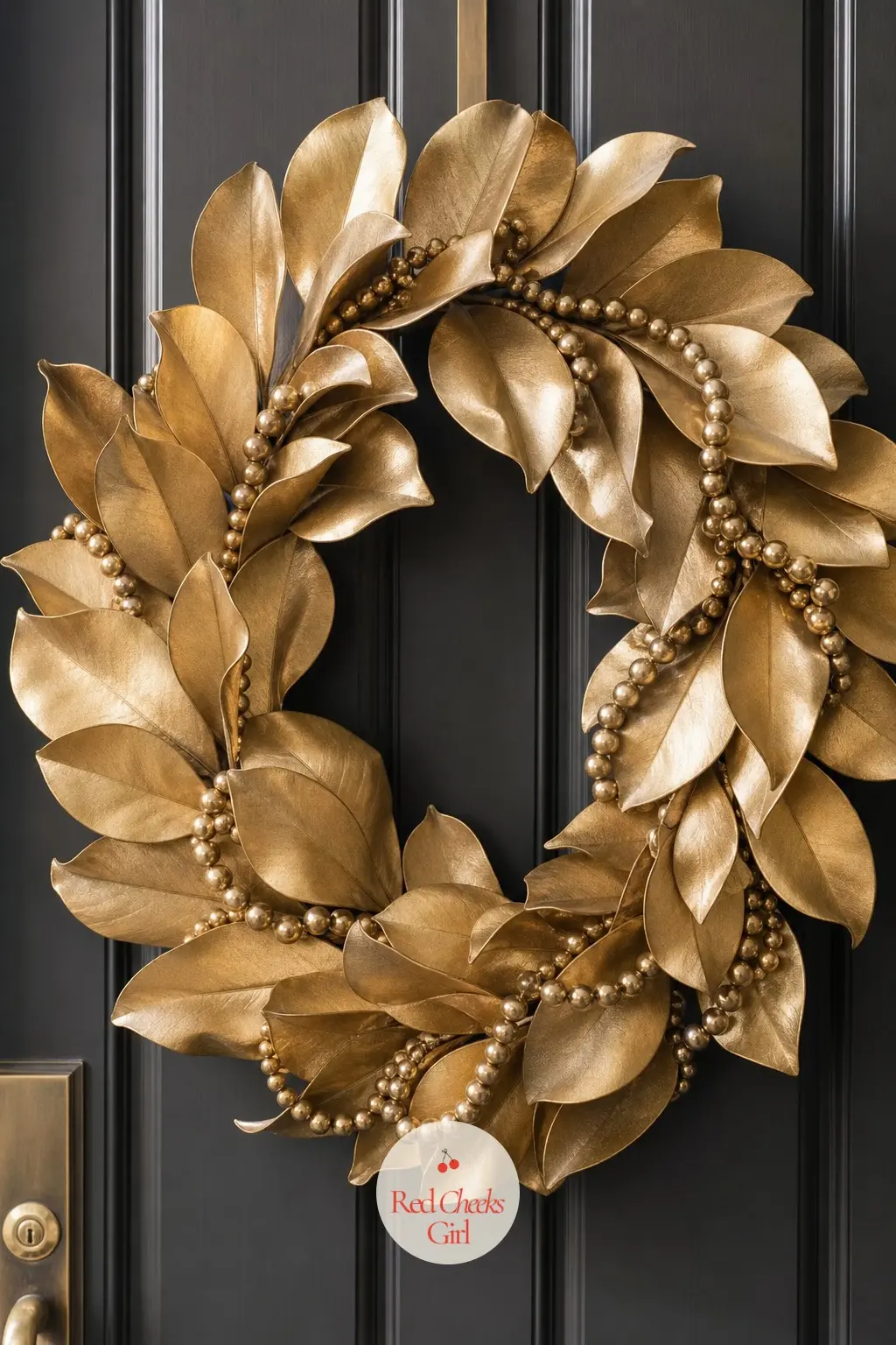 The Gold Leaf Magnolia and Brass Bead Wreath for the Penthouse Door — Magnolia leaves sprayed in gold leaf alternate with their natural green backs still