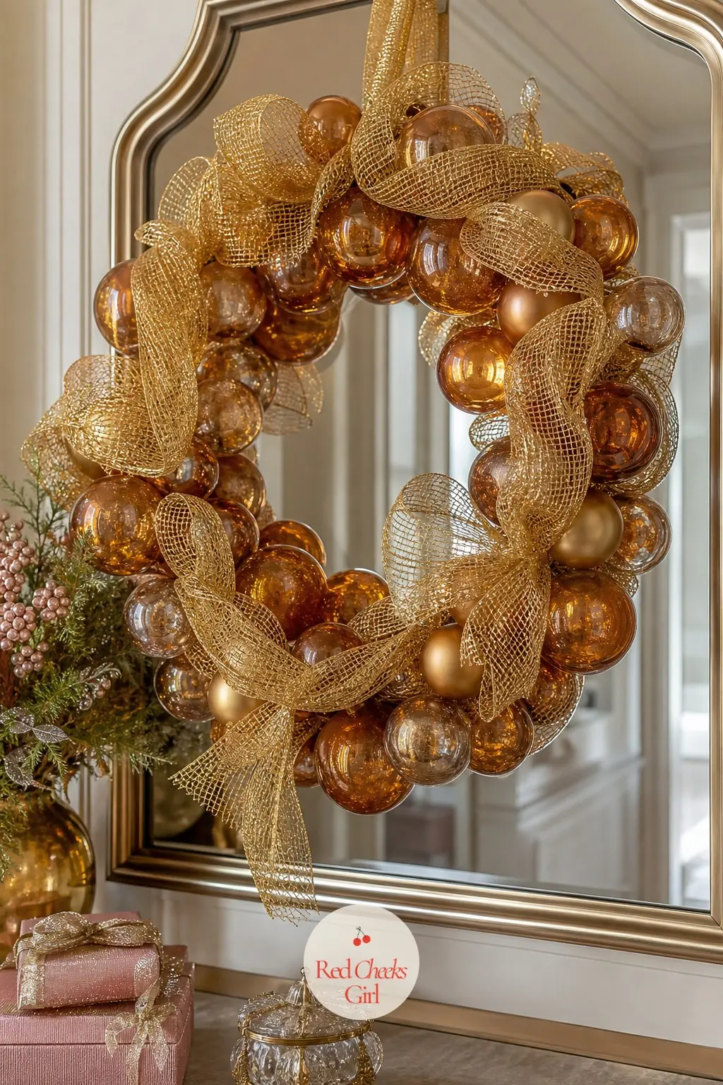 The Gold Mesh Ribbon and Amber Glass Ball Wreath for the Foyer Mirror — Wide gold mesh ribbon winds loosely through amber glass balls in three sizes, built