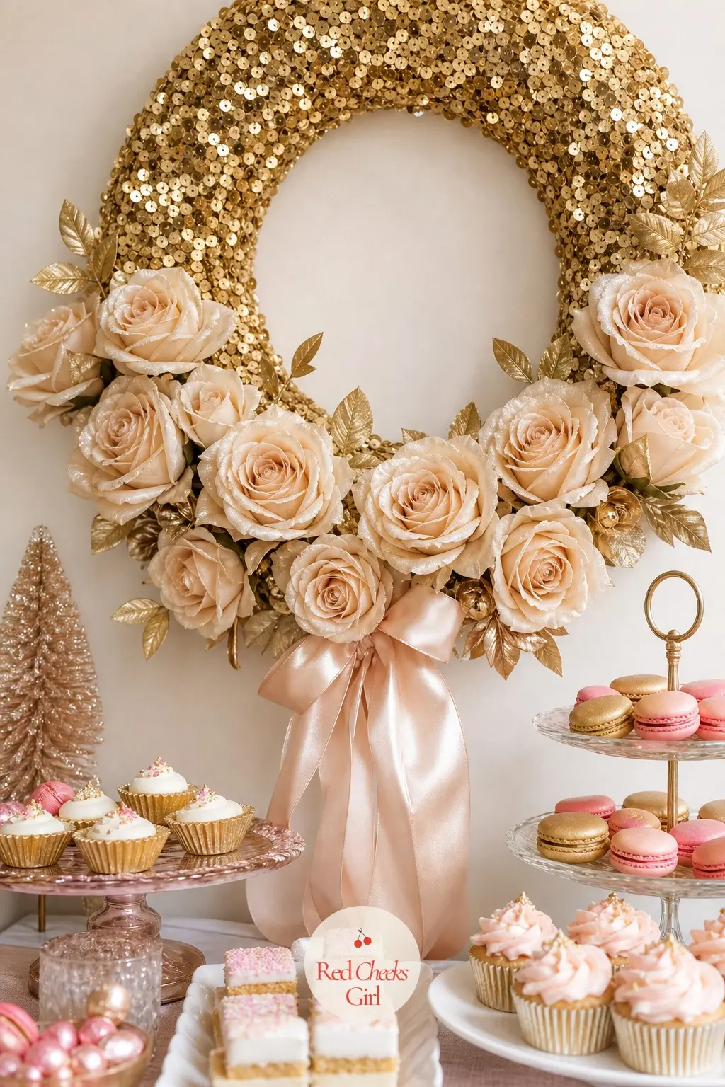 The Gold Sequin and Champagne Silk Rose Wreath for the Dessert Bar Backdrop — A ring wrapped entirely in gold sequin fabric carries open champagne colored silk