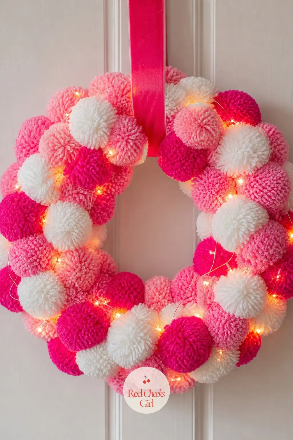 The Hot Pink Pom Pom and Fairy Light Wreath for the Teen Girl's Bedroom Door — Fat yarn pom poms in hot pink and white cover a wire ring entirely, wired