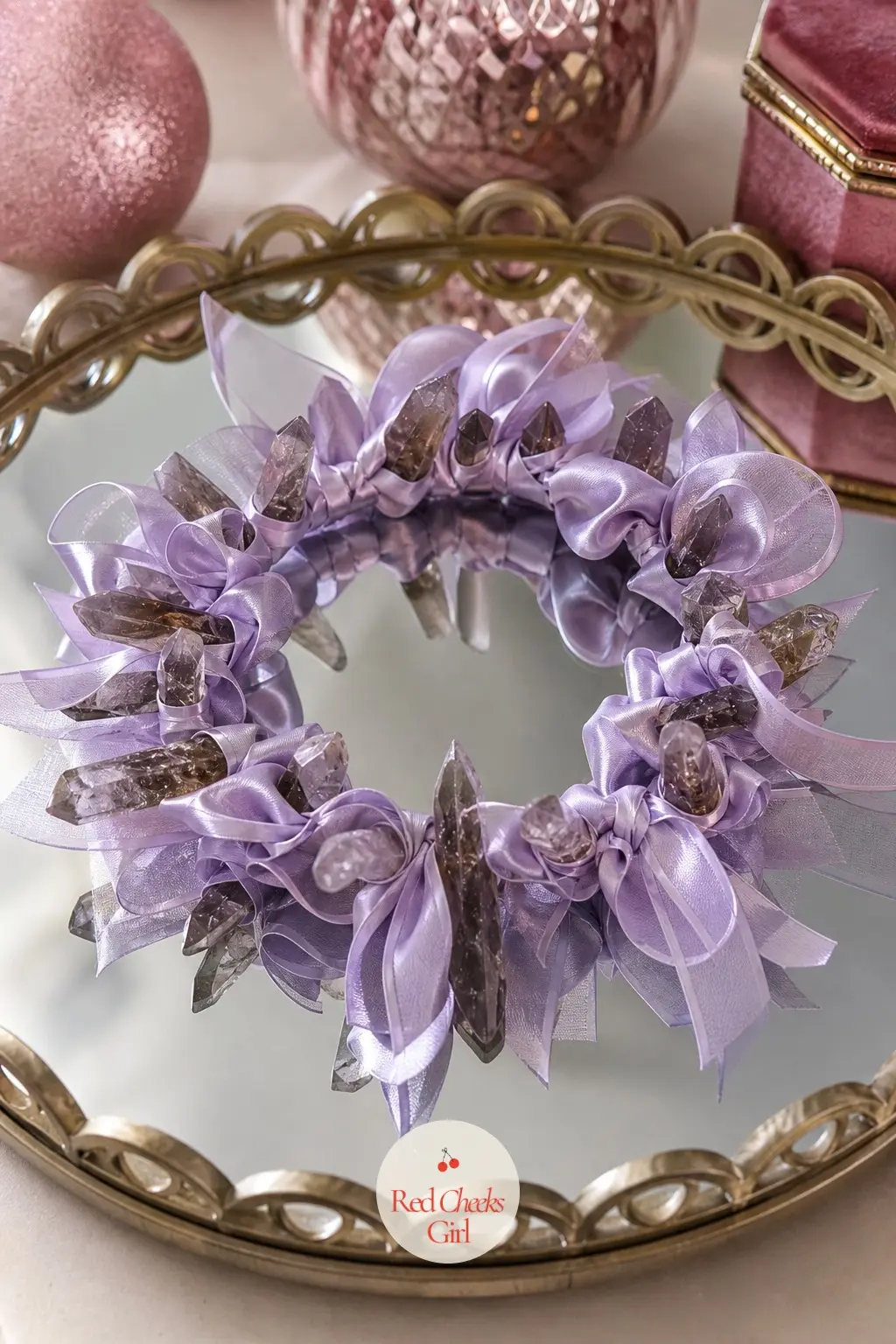 The Lavender Satin Ribbon and Smoked Quartz Wreath for the Jewelry Vanity Tray — A pale lavender satin ribbon winds through raw smoked quartz points on a