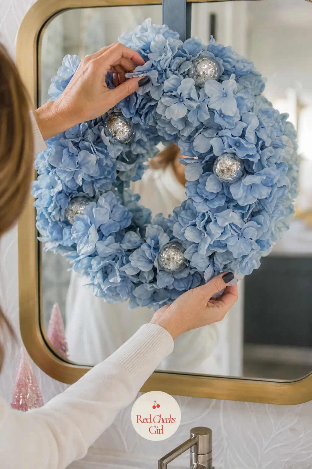 The Powder Blue Silk Hydrangea and Mercury Glass Ornament Wreath for the Guest Bathroom Mirror — Full powder blue silk hydrangea heads fill most of the ring