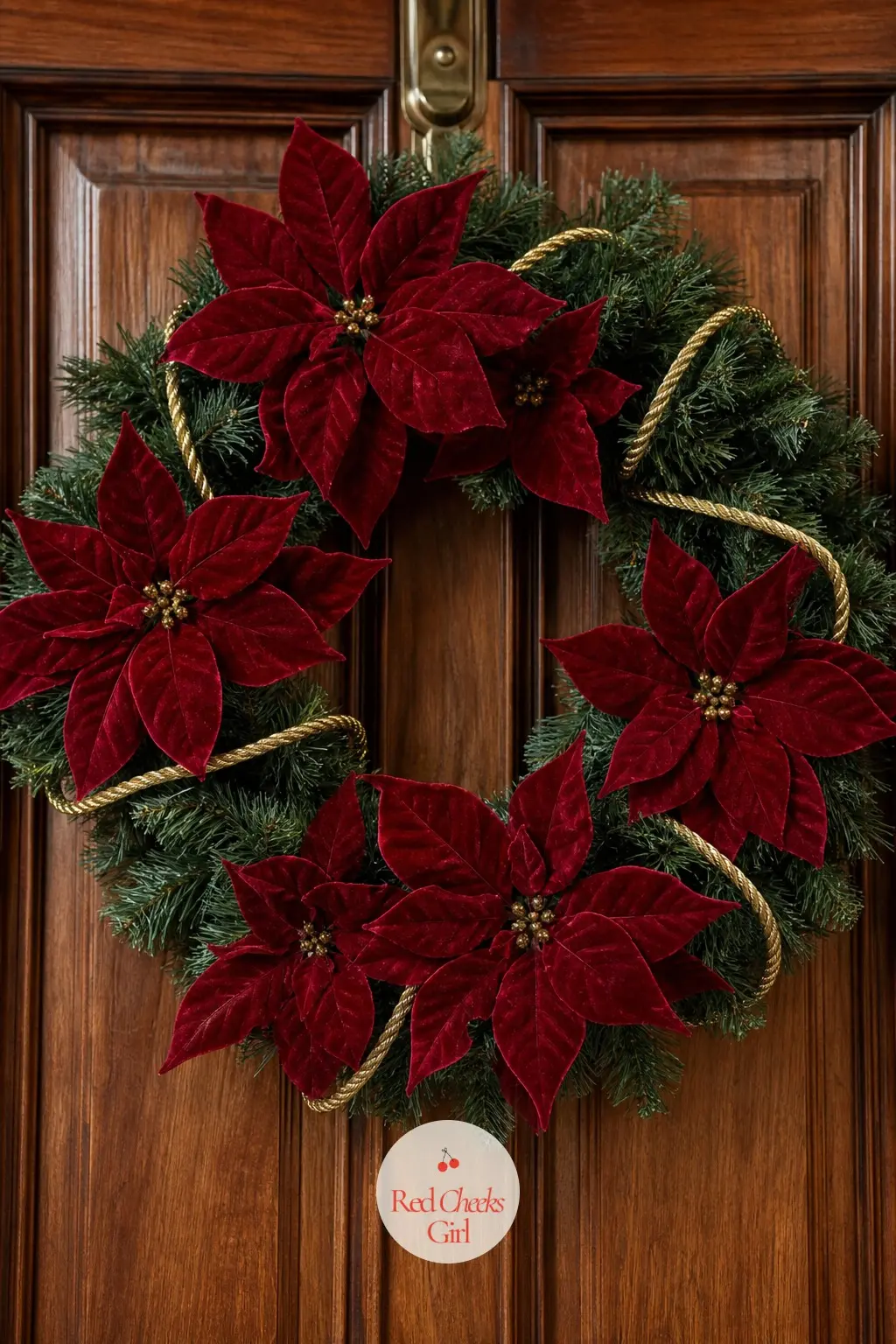 The Red Velvet Poinsettia and Gold Cord Wreath for the Home Library Door — Deep red velvet poinsettias, the kind with a soft matte petal rather than shiny