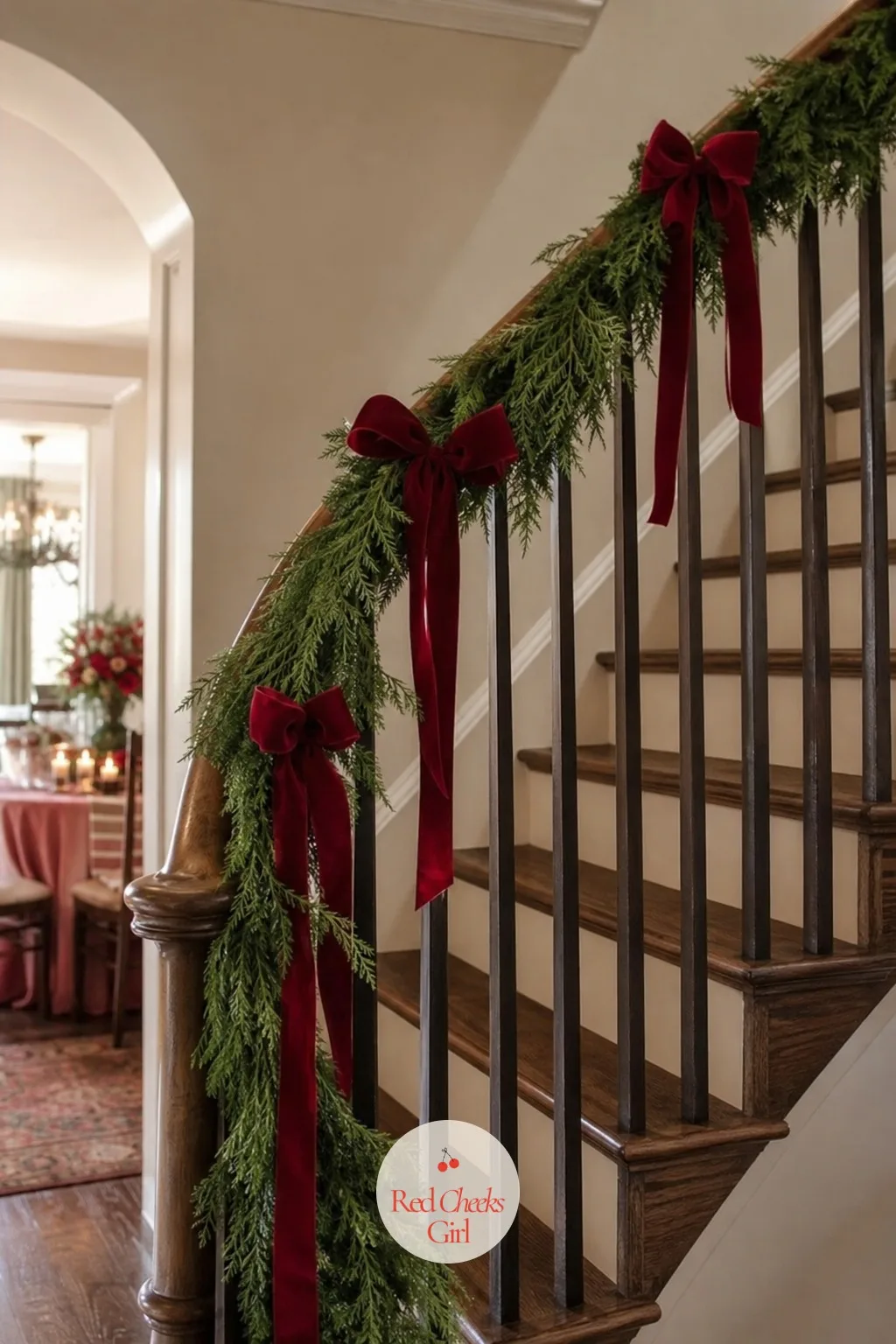 A Banister Loosely Wrapped in Garland — A banister that looks store-bought and machine-even fights the whole mood of the house. Pink red and green christmas