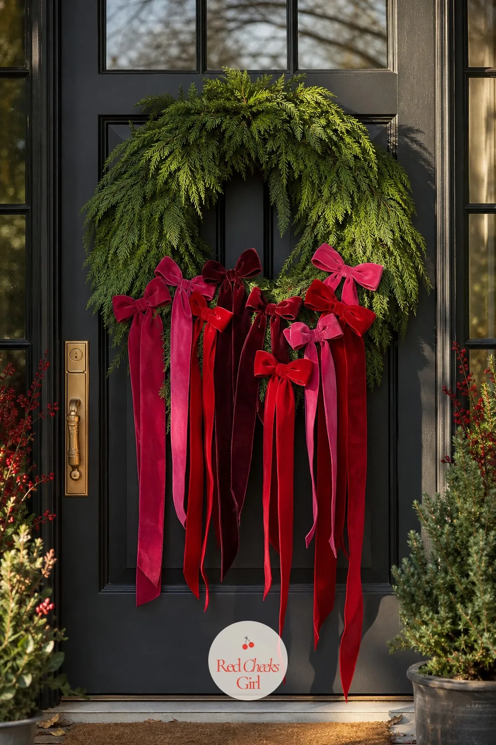 A Cedar Wreath Loaded With Velvet Bows — The front door is the last impression she leaves guests with, which is reason enough to put real effort into it. Pink