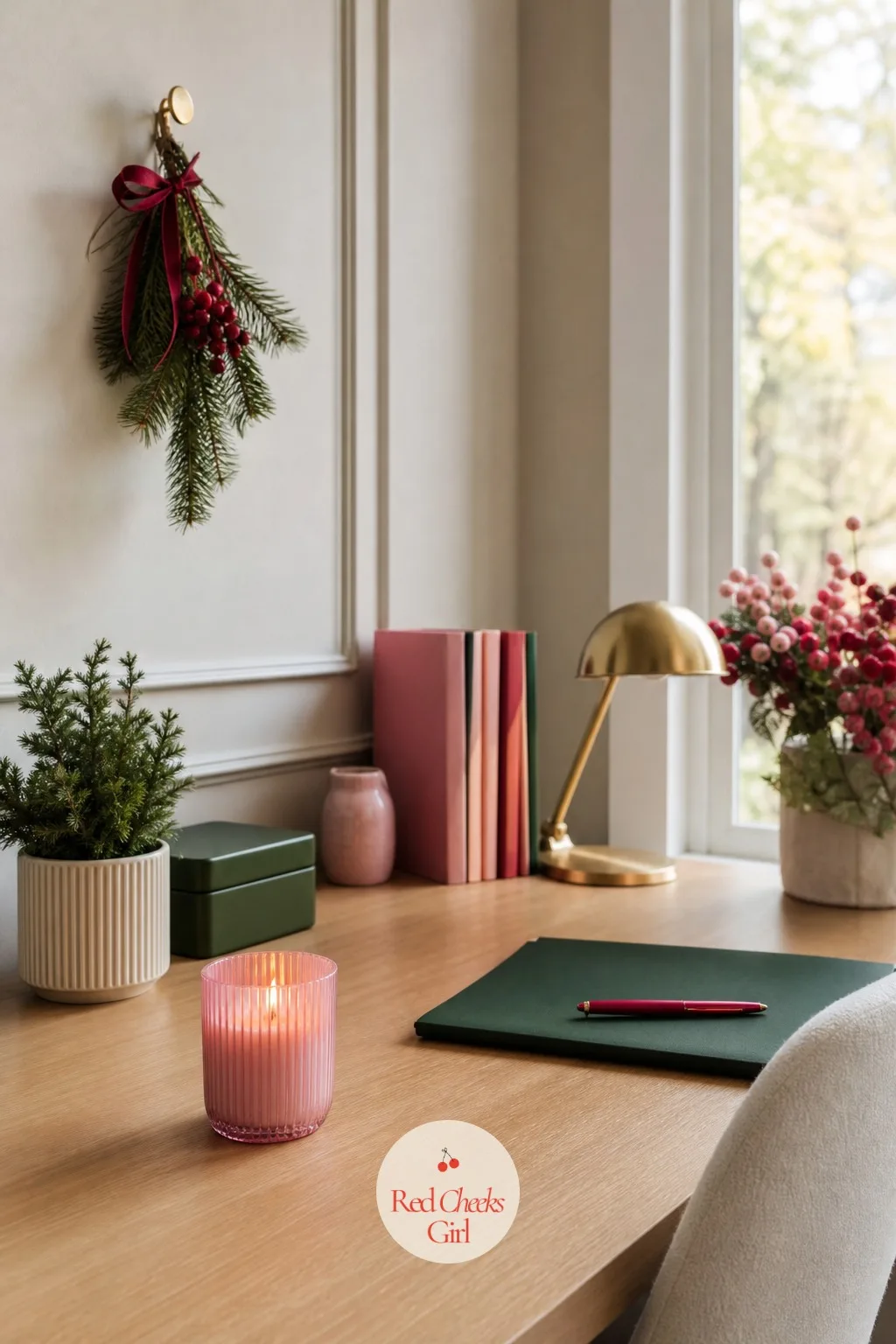 A Desk Corner That Still Feels Like Christmas — A home office left completely undecorated looks like the one room that opted out of the season. Pink red and
