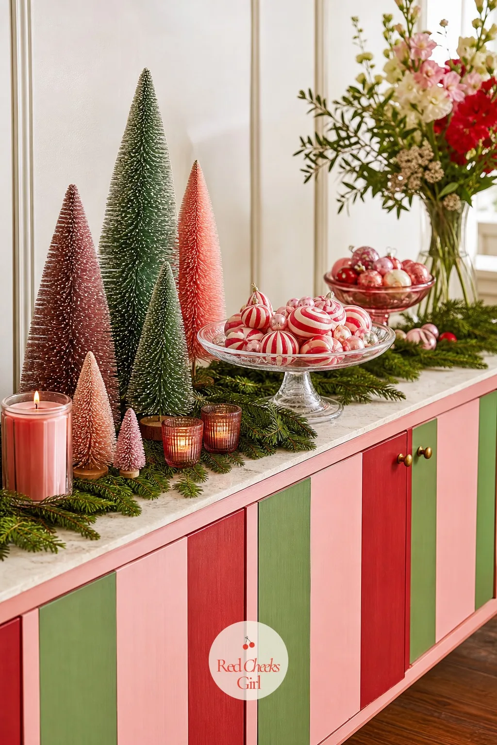 A Dessert Sideboard in the Same Stripes — The sideboard or buffet next to the main table is the easiest surface to skip, and the one that makes the room look