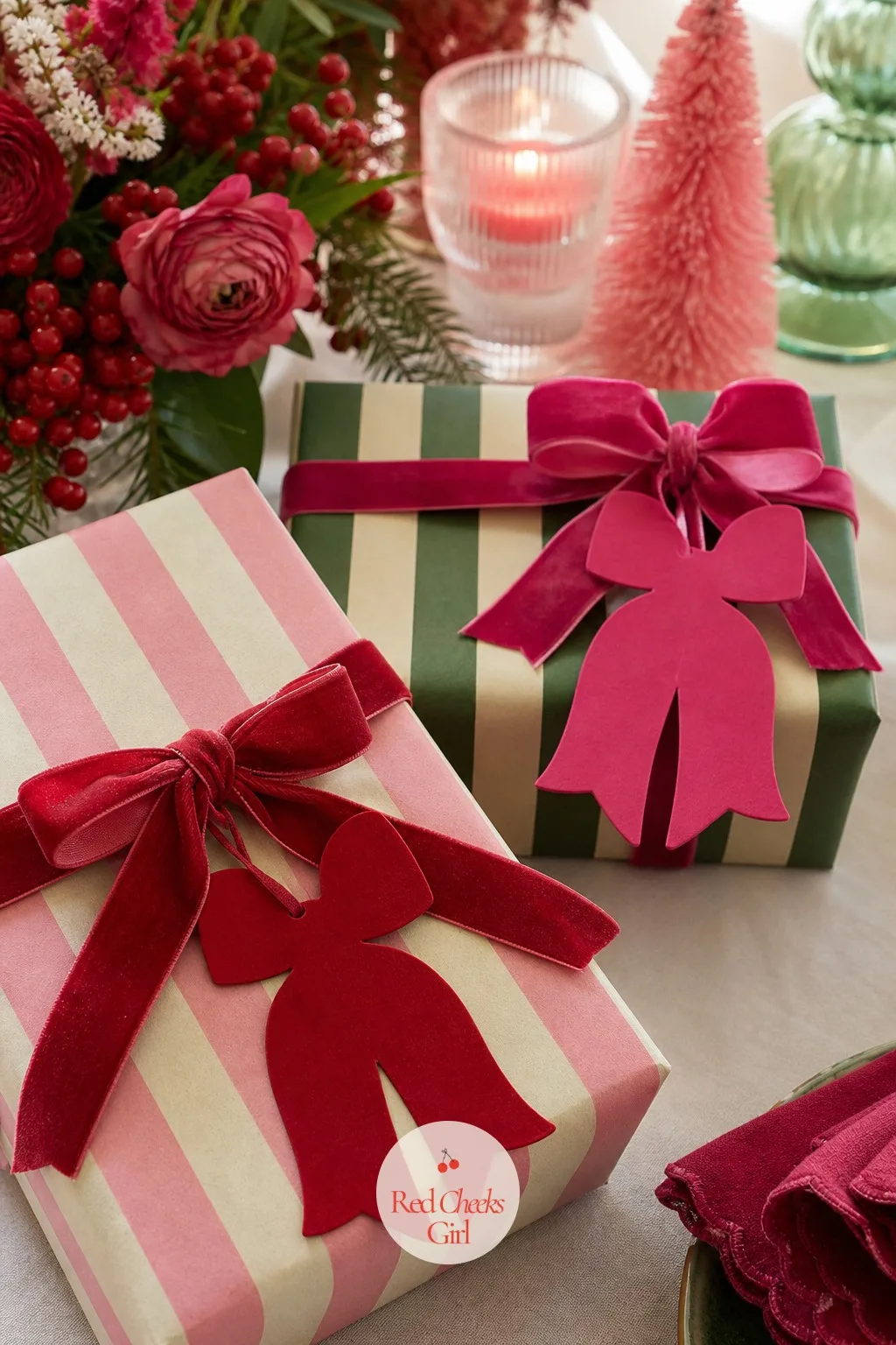Gift Tags Cut to Match the Bows — A plain sticker tag undercuts an otherwise careful wrapping job in one glance. Pink red and green christmas
