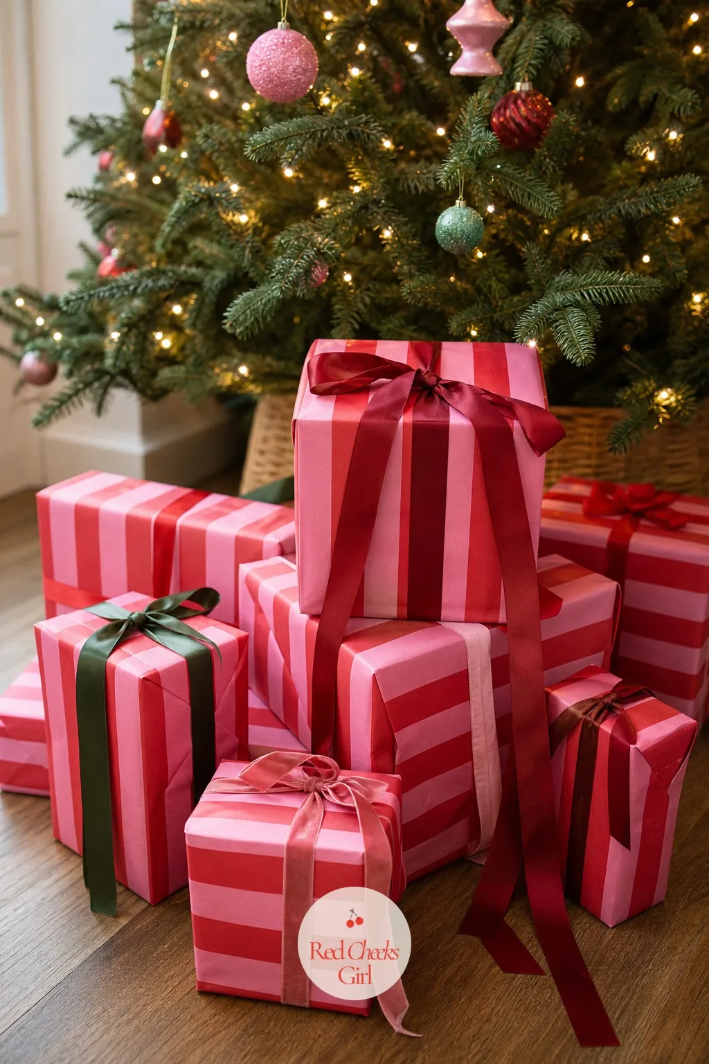 Gifts Wrapped in Red and Pink Stripes — Even a well dressed tree looks unfinished with plain brown parcels underneath it. Pink red and green christmas