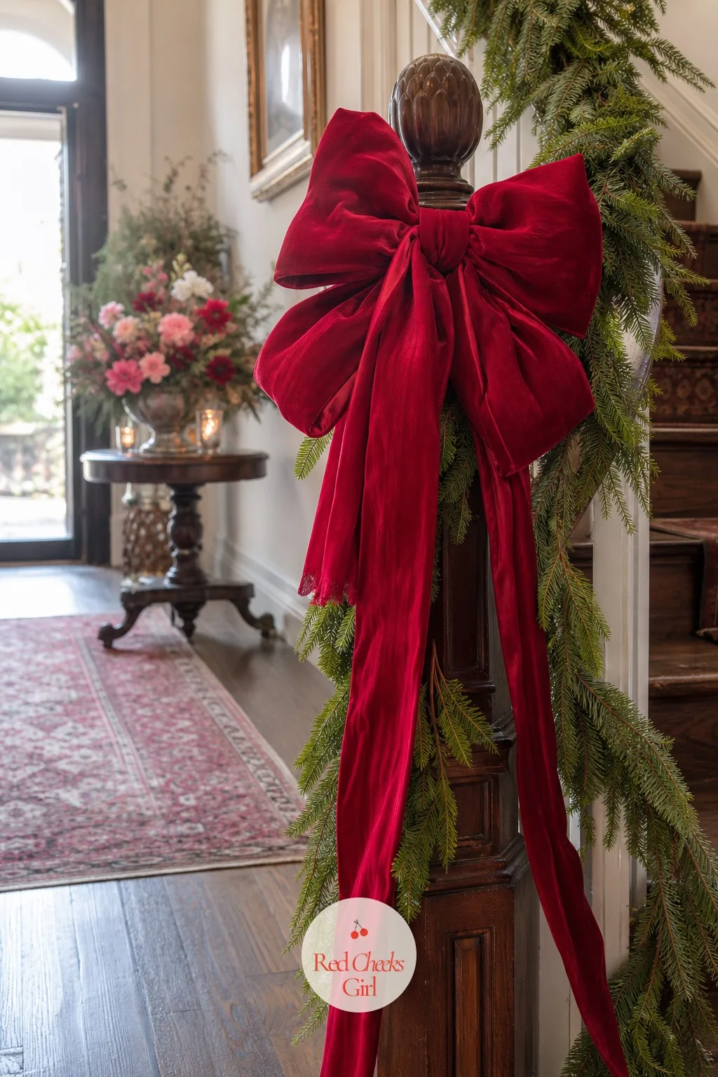 A Newel Post With the Biggest Bow in the House — The newel post is the one spot in the house that can carry a genuinely oversized bow without looking silly