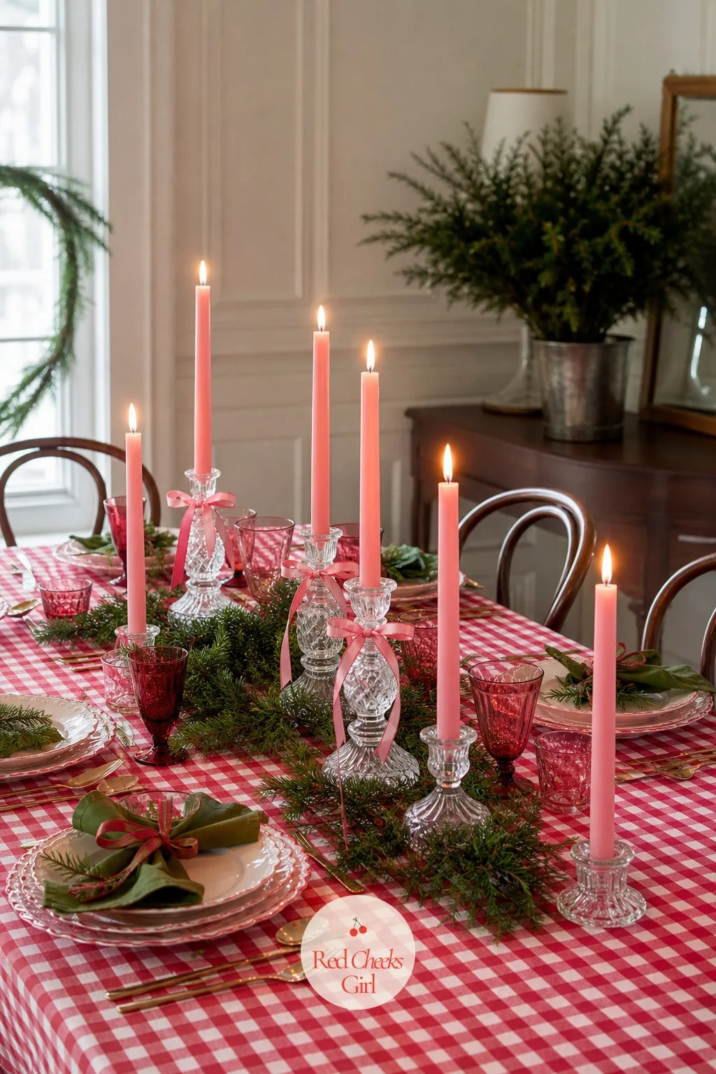 A Red Gingham Table Set With Pink Tapers — A plain white tablecloth leaves this whole palette with nowhere to land at dinner. Pink red and green christmas