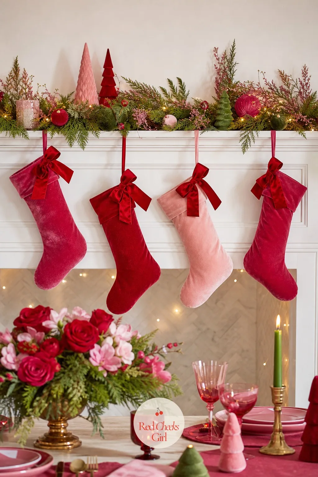 Stockings Hung at Uneven Heights — Four identical stockings lined up like soldiers is the one thing that undoes an otherwise relaxed room. Pink red and green