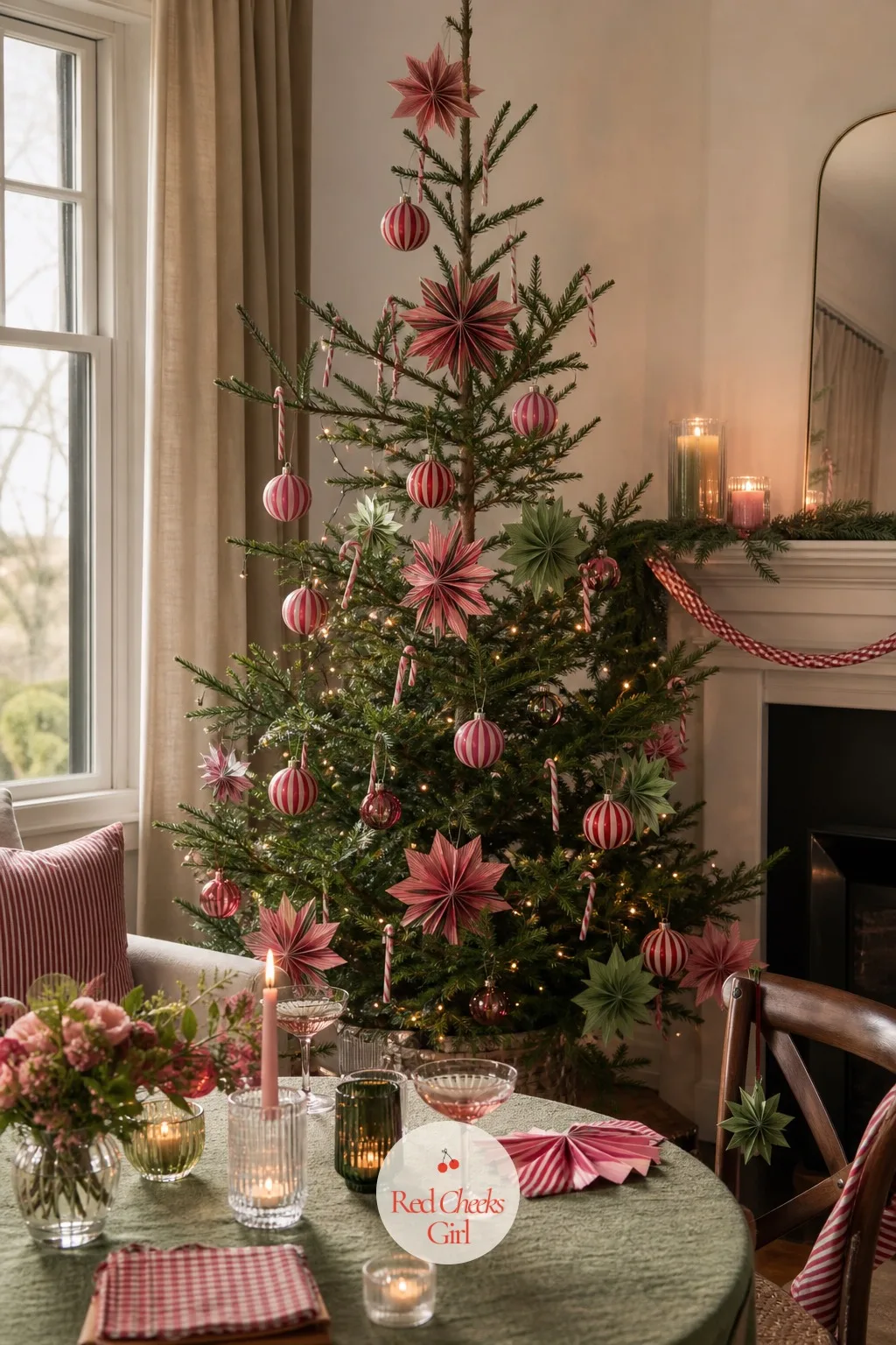 The Tree With Striped Glass and Paper Stars — A plain green tree reads as last year's tree the moment the lights go on. Pink red and green christmas