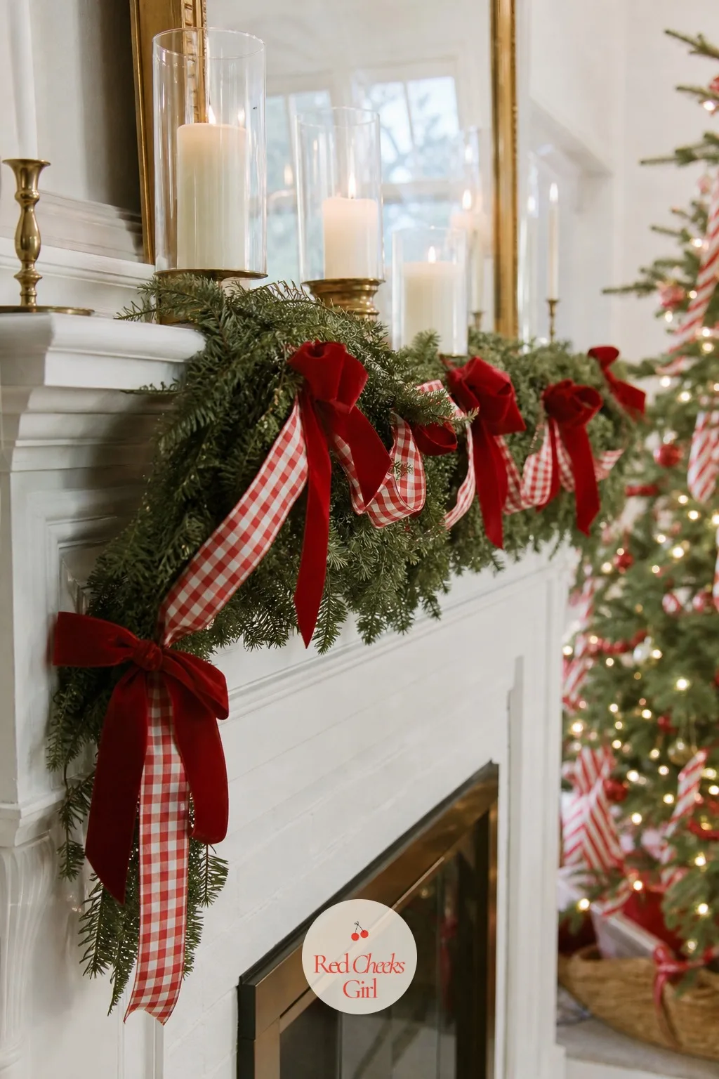 The White Mantel in Gingham and Red — A bare mantel over a modern fireplace looks unfinished the second the rest of the room is dressed. Pink red and green