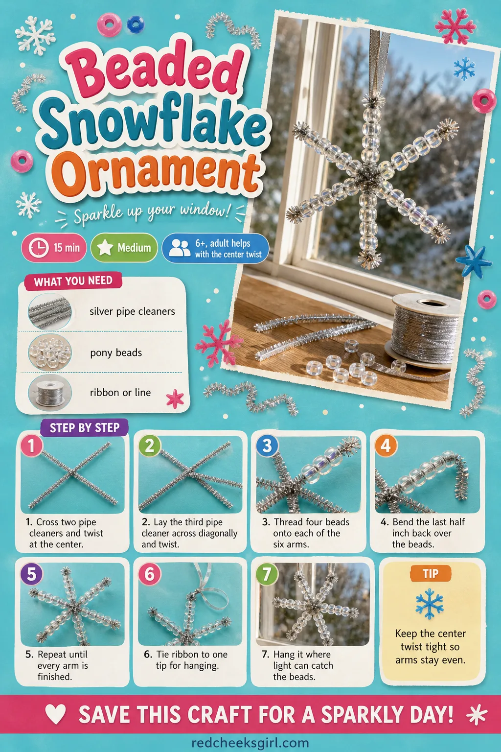 Beaded Snowflake Ornament Craft Card printable sheet — Card for the beaded snowflake, marked medium difficulty for the center twist. Pipe cleaner christmas