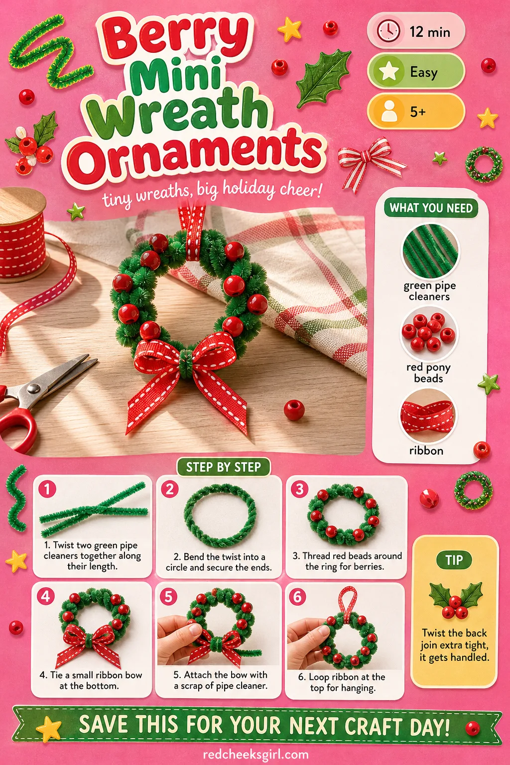 Berry Mini Wreath Ornament Craft Card printable sheet — Quick mini wreath card, good for a batch of tree ornaments. Pipe cleaner christmas crafts