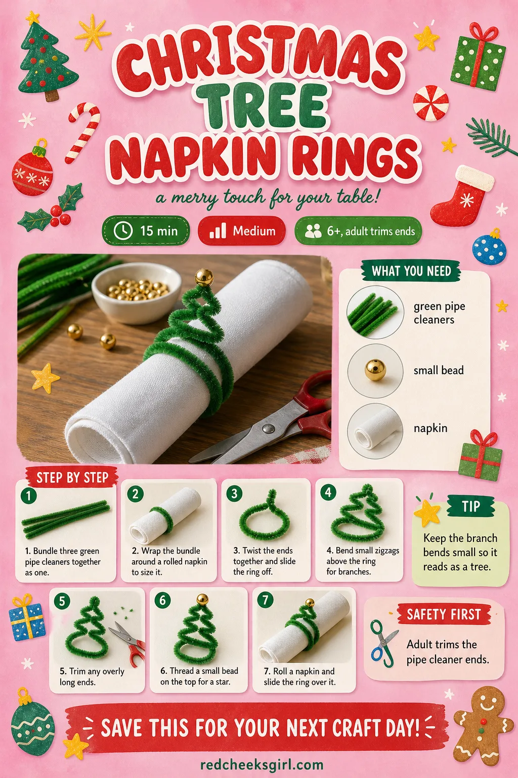 Christmas Tree Napkin Ring Craft Card printable sheet — Table setting card for the branch-shaped napkin ring. Pipe cleaner christmas crafts