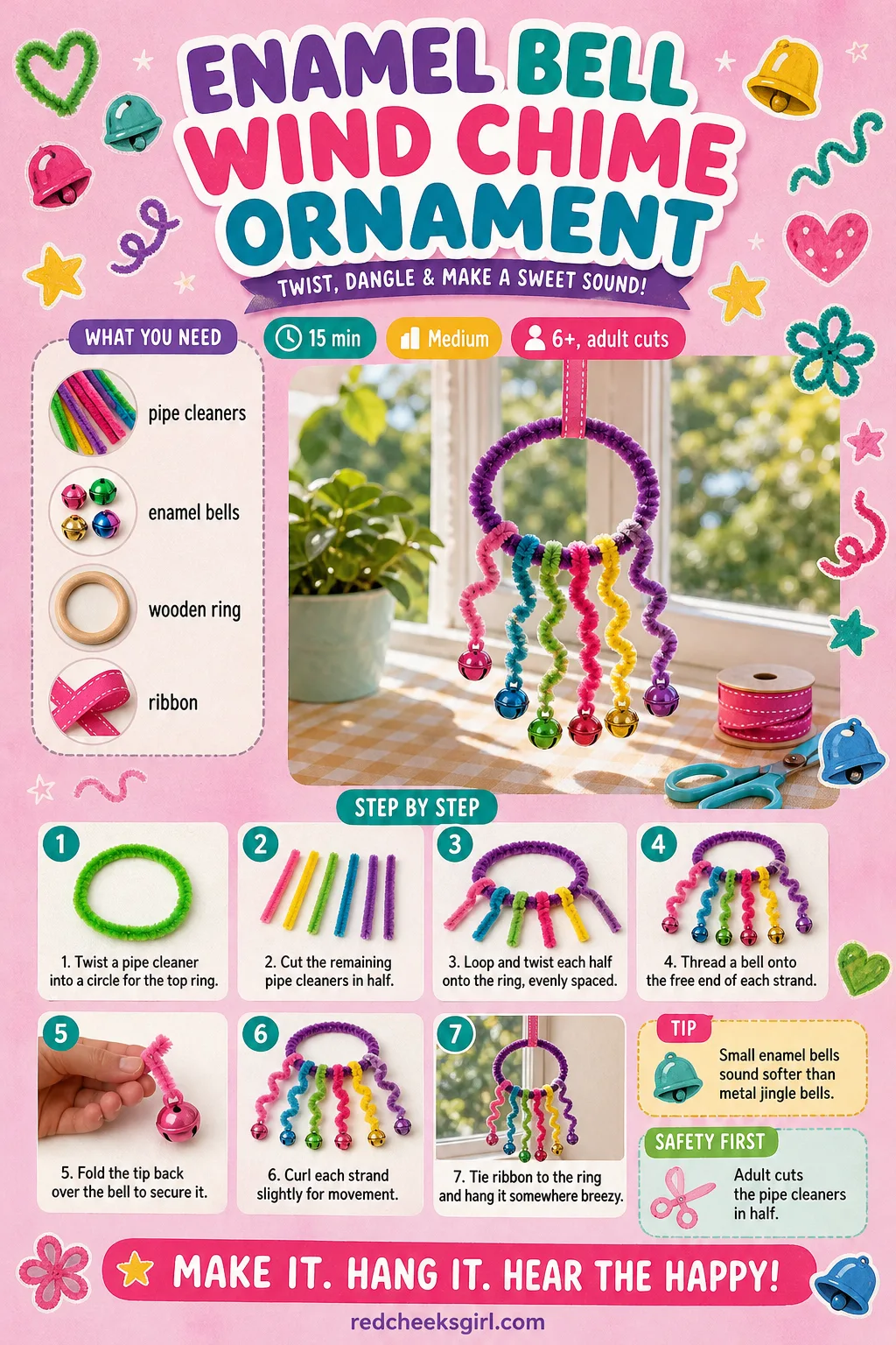 Enamel Bell Wind Chime Ornament Craft Card printable sheet — Card for the wind chime ornament using proper enamel bells. Pipe cleaner christmas crafts