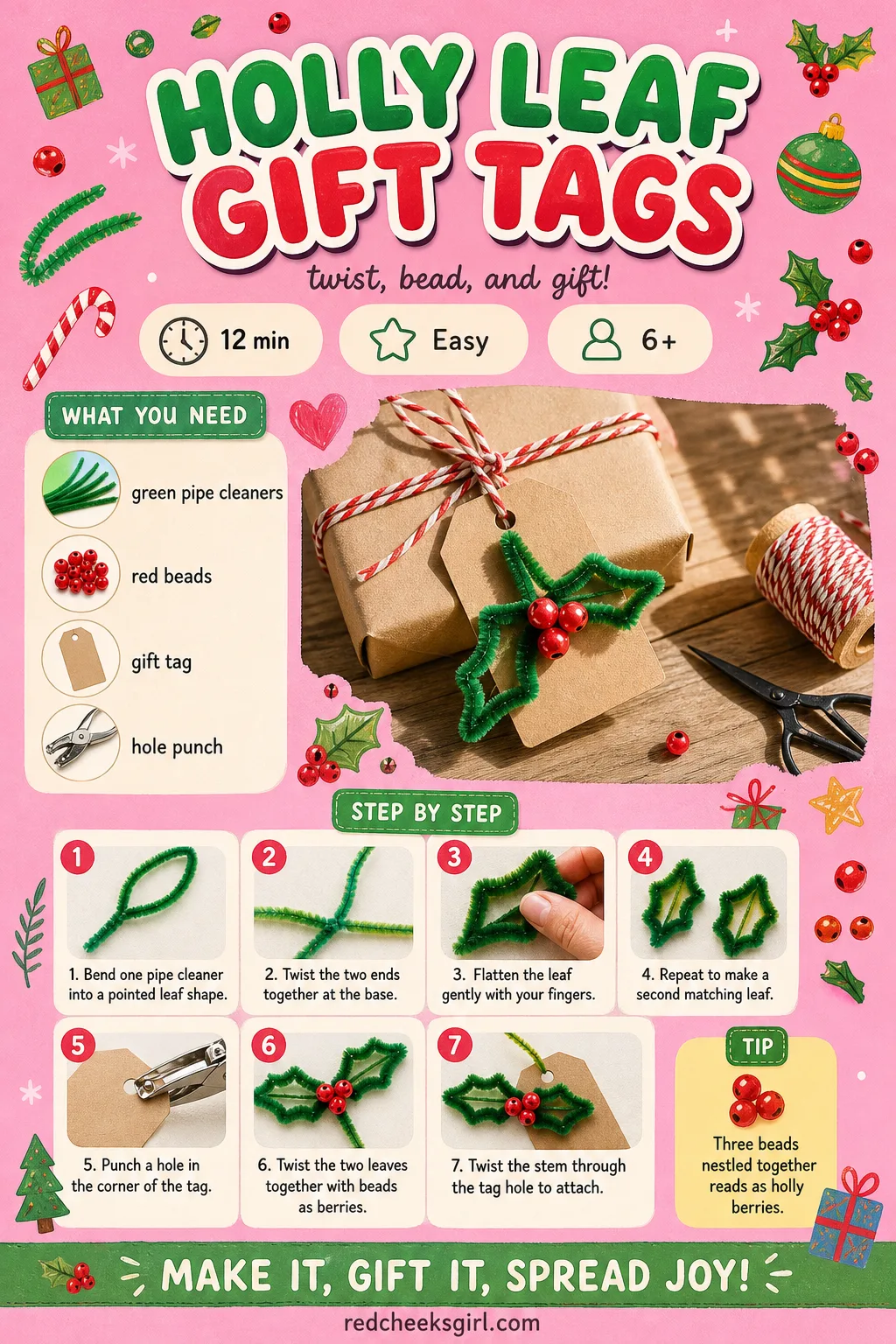 Holly Leaf Gift Tag Craft Card printable sheet — Gift wrap card for the holly leaf tag with berry beads. Pipe cleaner christmas crafts