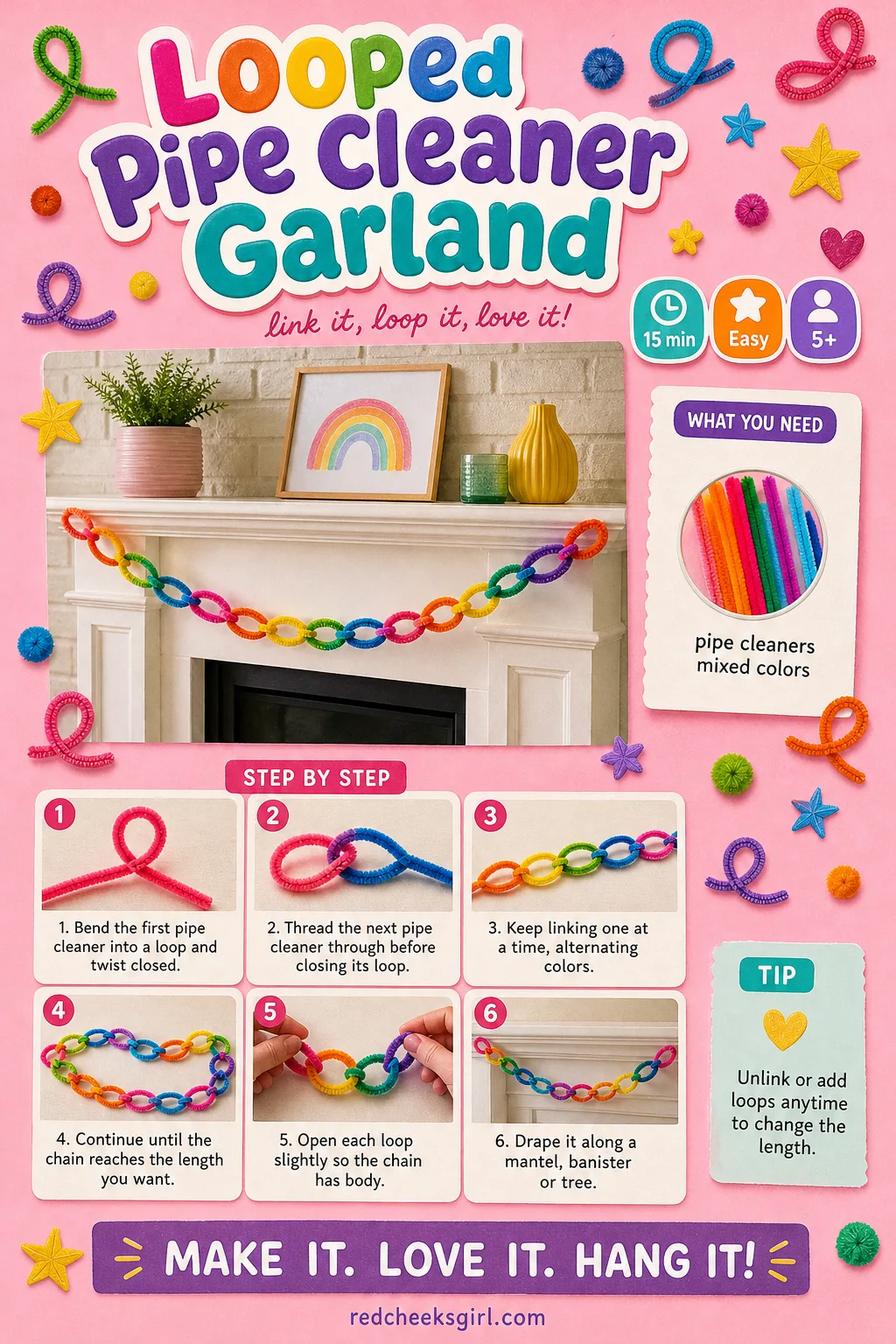 Looped Pipe Cleaner Garland Craft Card printable sheet — Card for the chain-link garland, scalable to any length. Pipe cleaner christmas crafts