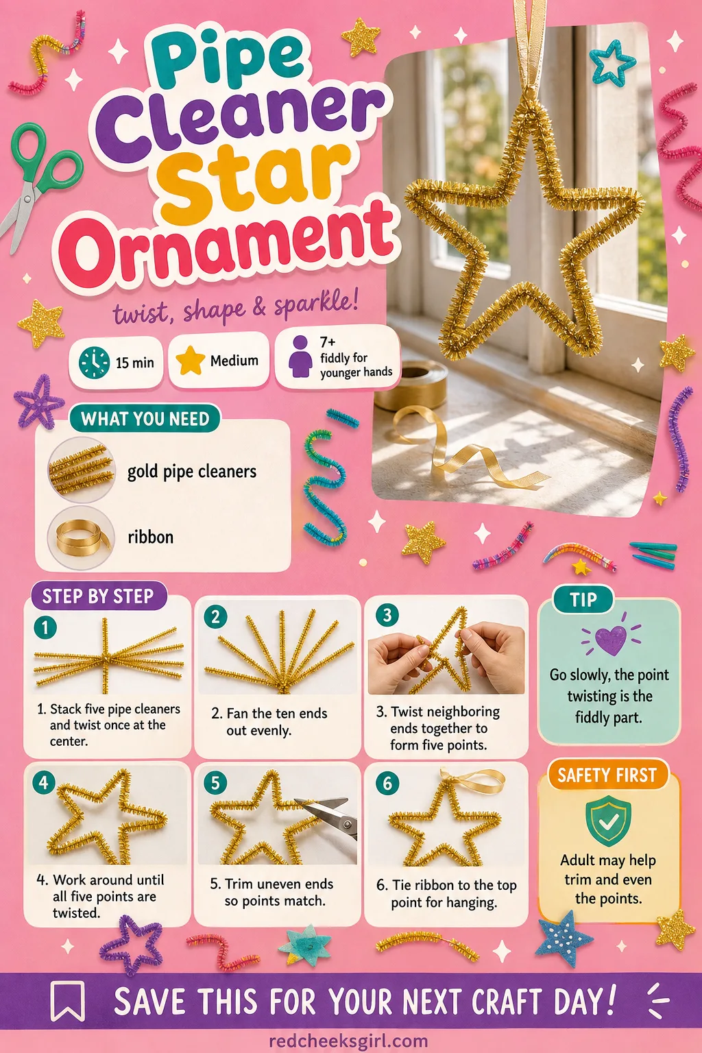 Pipe Cleaner Star Ornament Craft Card printable sheet — Card for the five-pointed star, flagged medium for the point twisting. Pipe cleaner christmas crafts