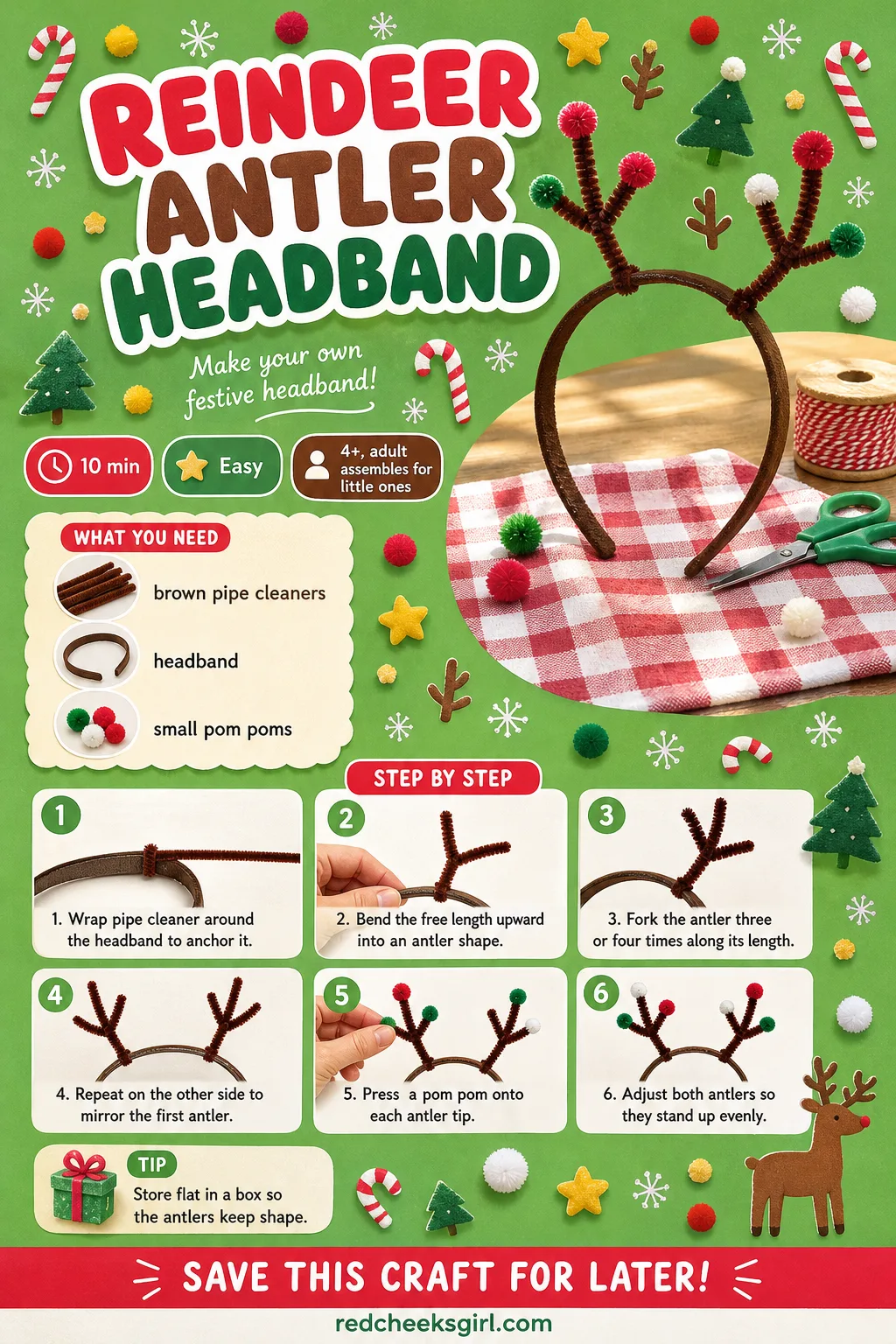 Reindeer Antler Headband Craft Card printable sheet — Wearable party card for the antler headband. Pipe cleaner christmas crafts