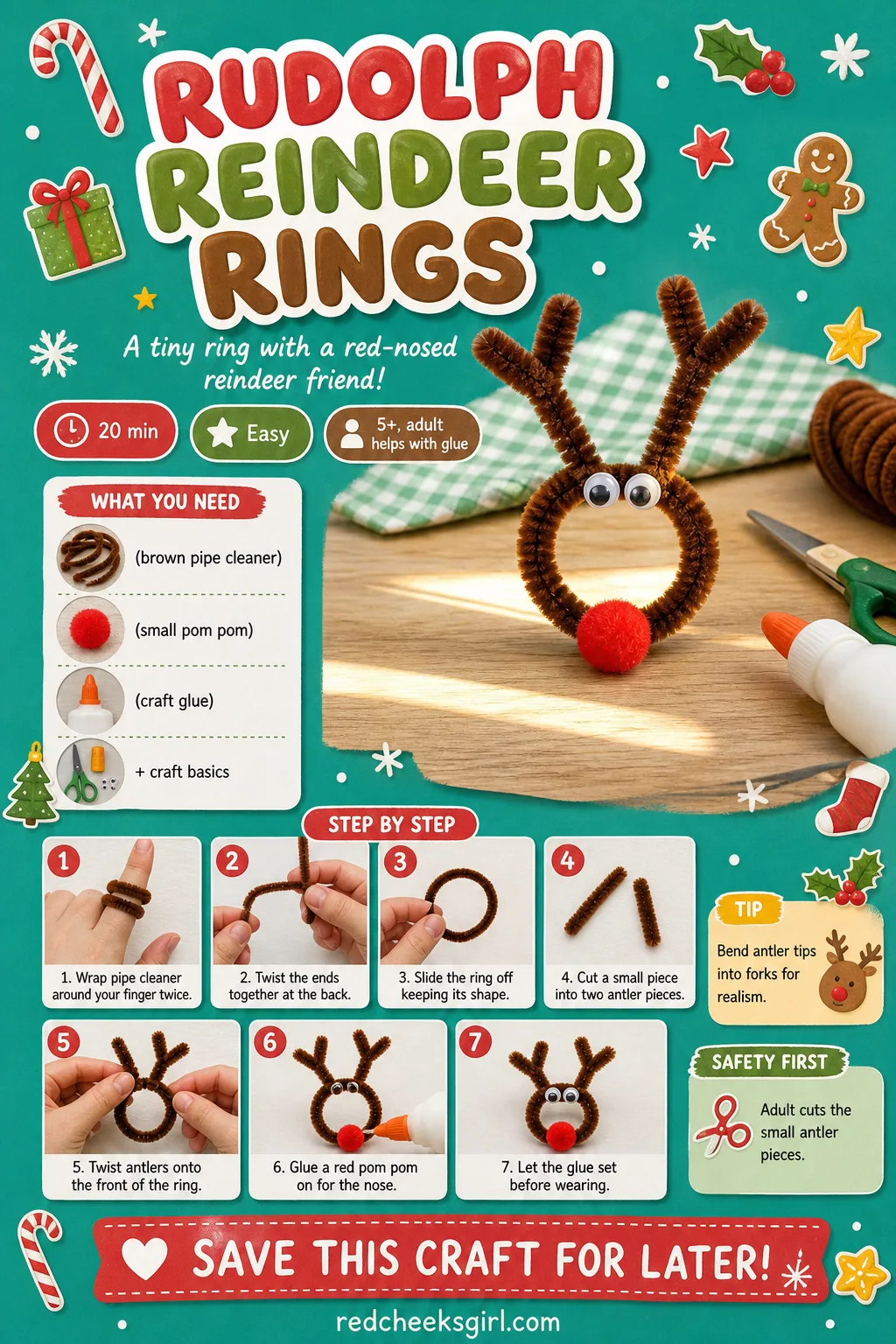 Rudolph Reindeer Ring Craft Card printable sheet — Wearable reindeer ring card with glue setting time noted. Pipe cleaner christmas crafts